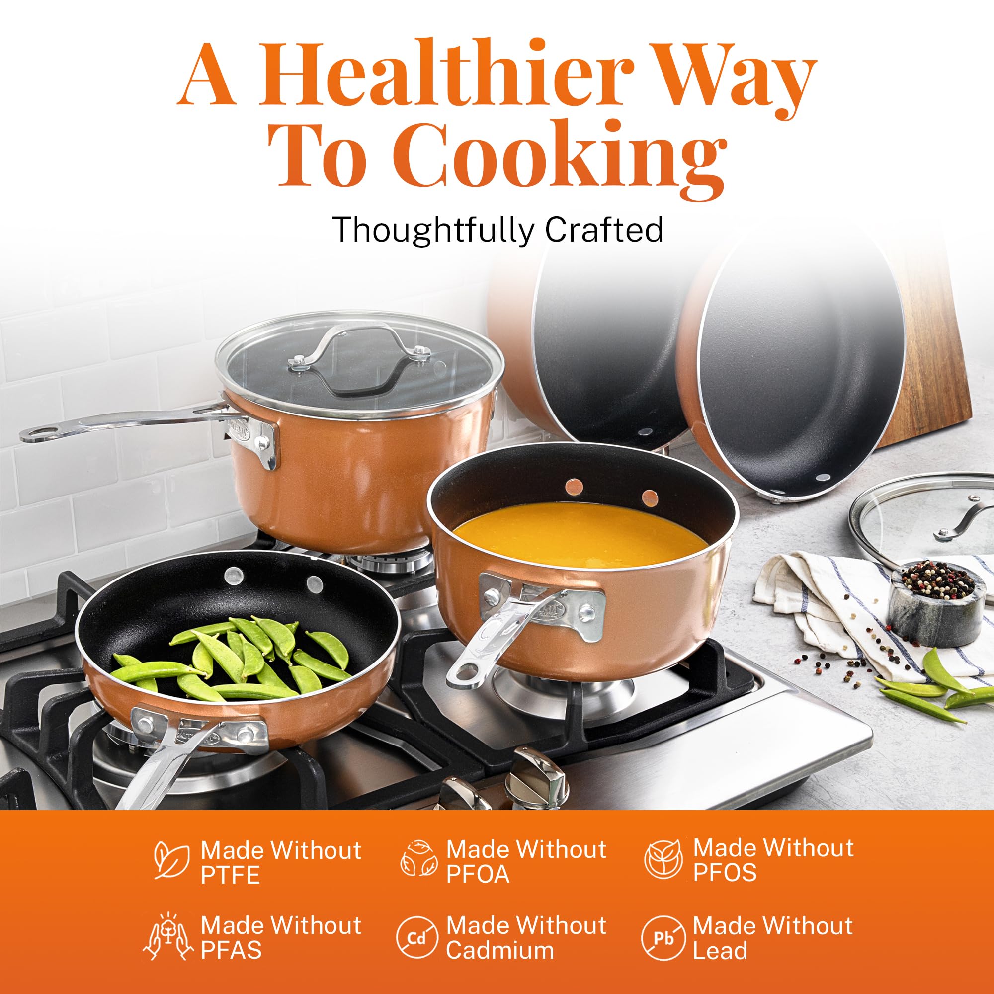 GOTHAM STEEL 10 Pc Copper Pots and Pans Set Non Stick, Kitchen Cookware Sets, Space Saving Non Stick Pots and Pan Set, Nonstick