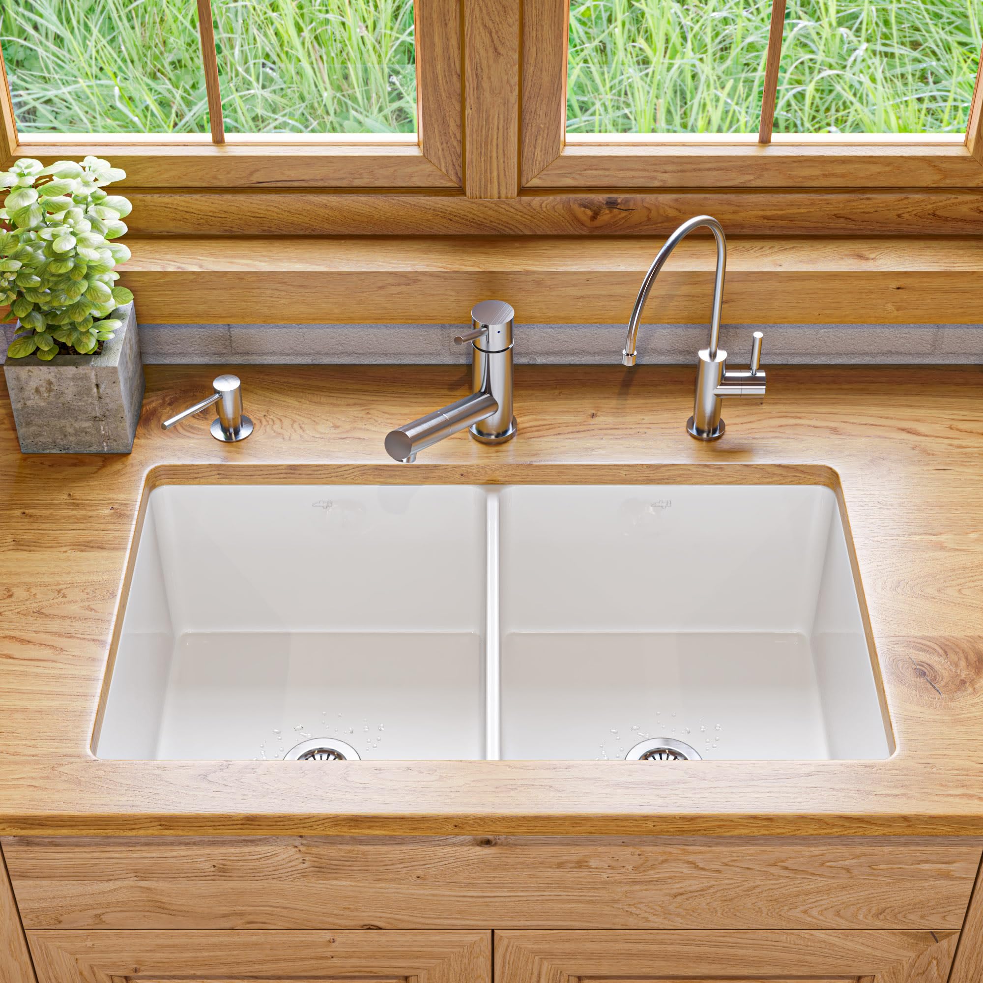 Alfi Brand Abf3219Dud-W White 32'' X 19'' Double Bowl Fireclay Undermount/Drop In Fireclay Kitchen Sink