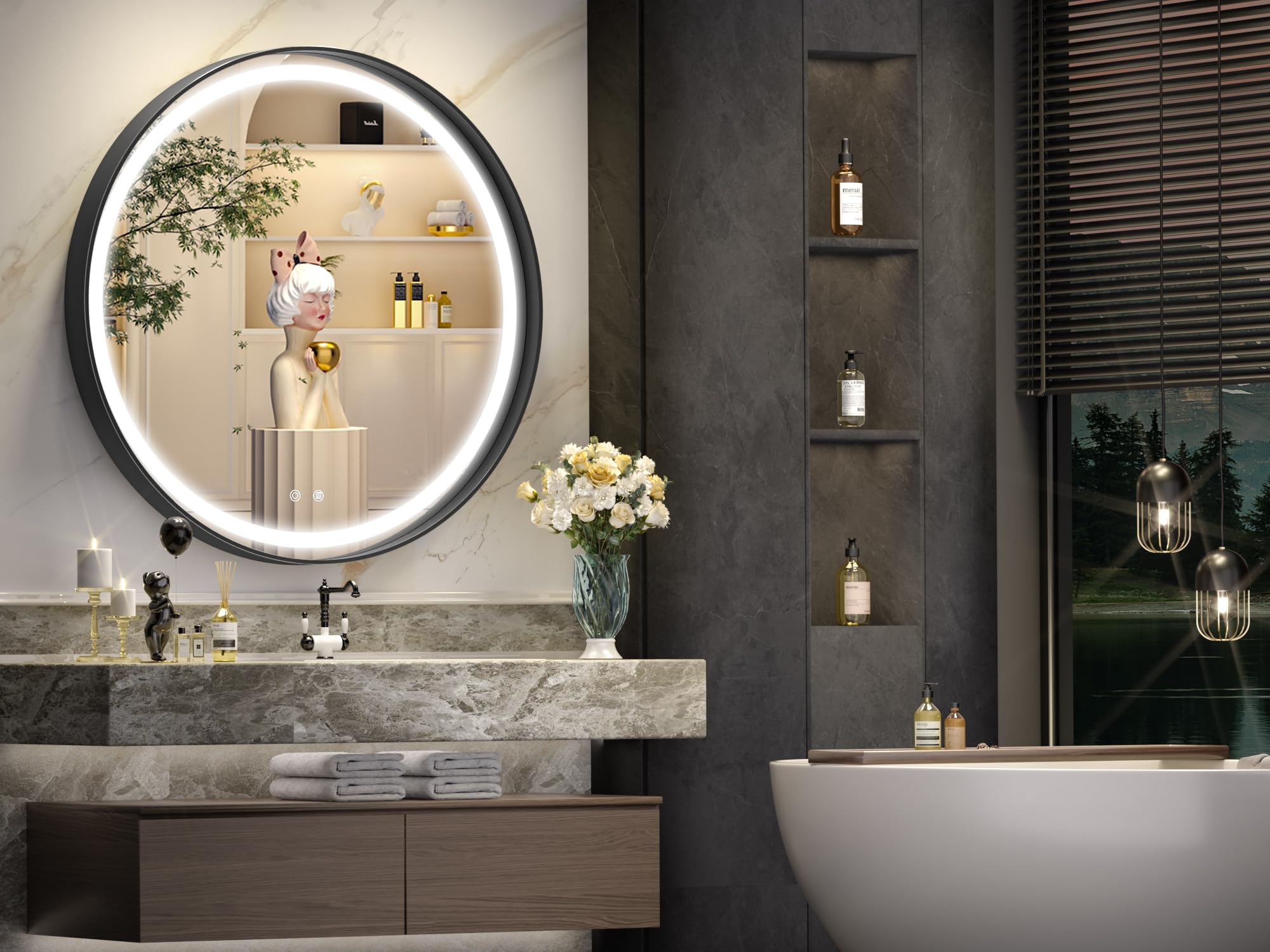 Hasipu 32 Round Led Mirror For Bathroom With Lights, Black Circle Vanity Mirror For Wall, Metal Framed Frontlit Bathroom Mirrors