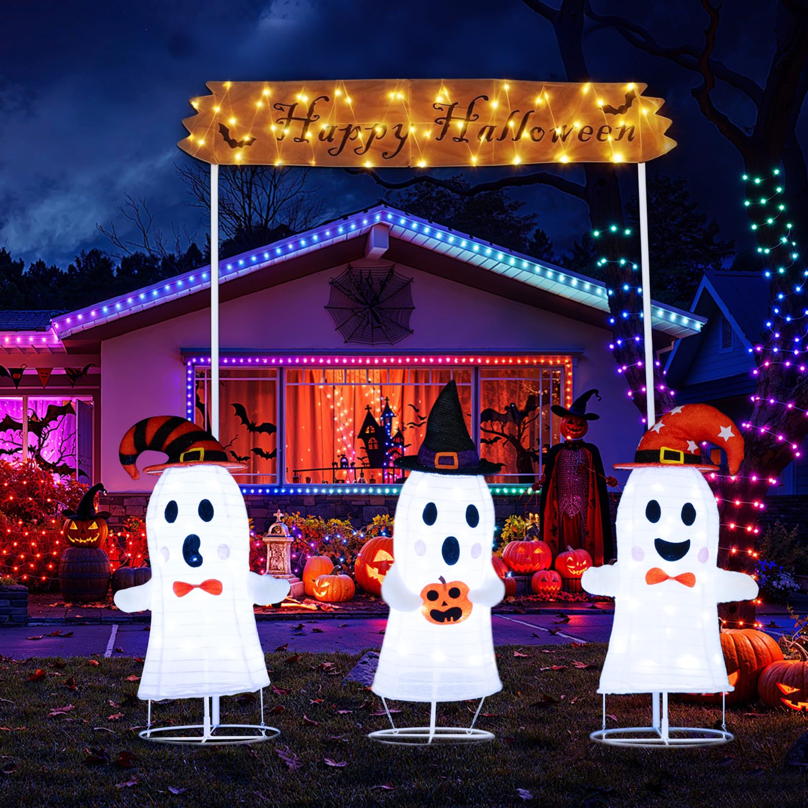 Tangkula Set of 3 Lighted Halloween Decorations Outdoor/Indoor, 3 Pcs Pop up Cute Ghosts Decor with Witch Hat, Spooky Ghost Scar