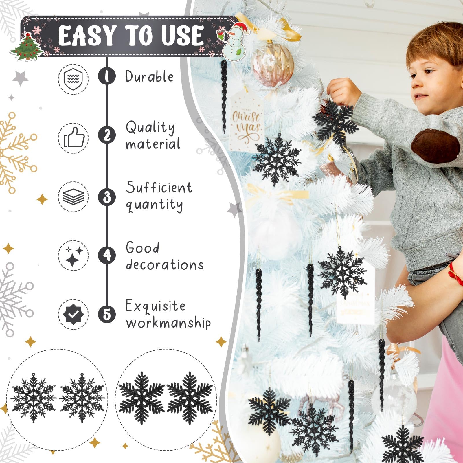 Deekin 72 Pieces Snowflake Icicle Ornaments for Christmas Tree Snowflake Twisted Icicles Glitter Hanging Decorations for Winter