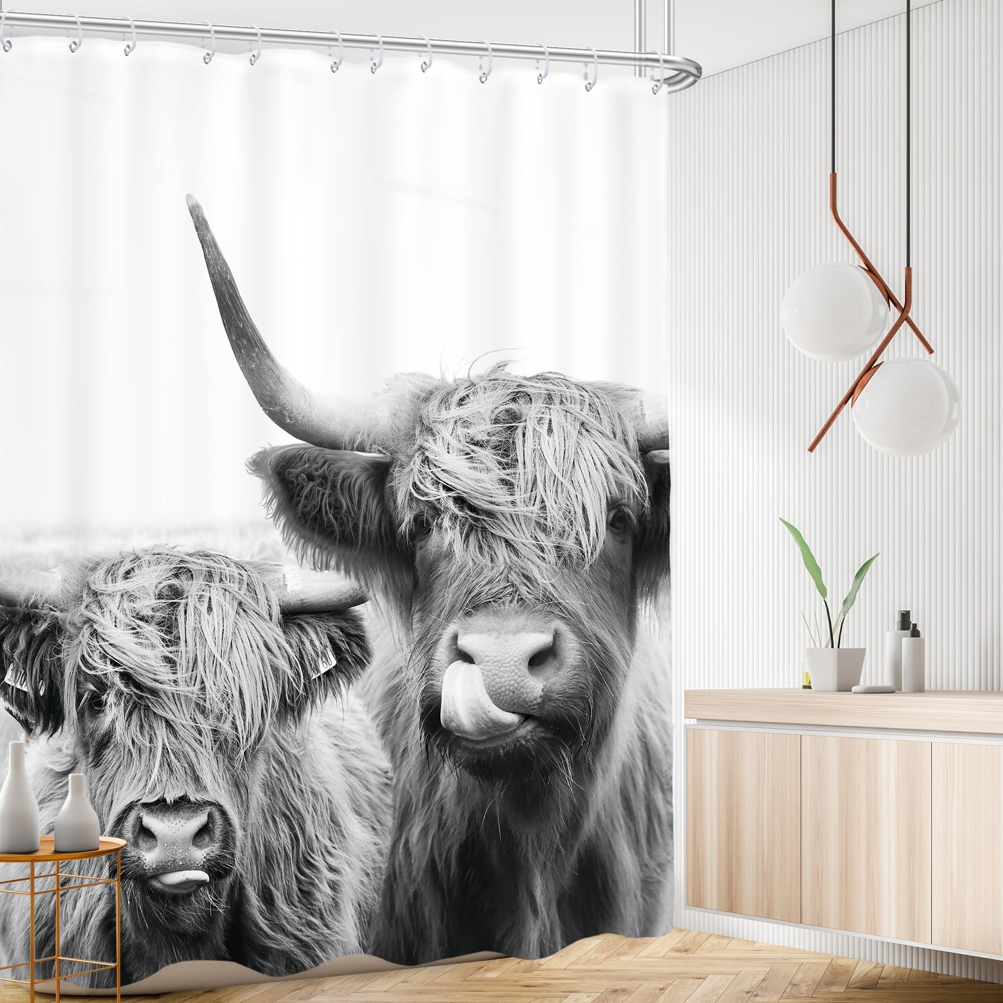 Ambzek Two Cows Shower Curtain 60Wx72L Inch Rustic Bull Highland Cow Farmhouse Country Western Farm Animal Cattle Funny Cute Mil