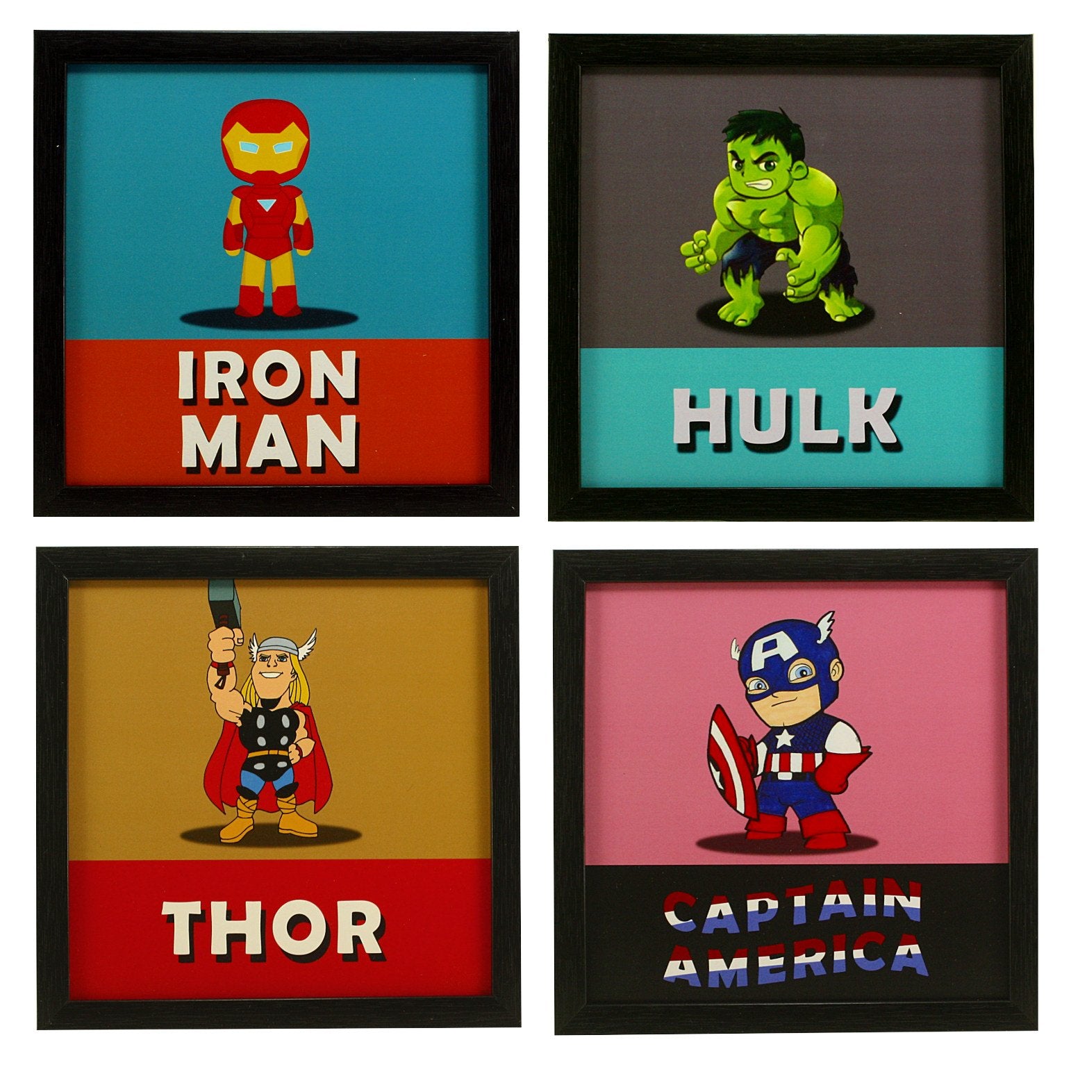 Indianara 4 Piece Set of Framed Wall Hanging Kids Room Decor Iron Man Hulk Thor Captain America Art Prints 8.7 INCH X 8.7 INCH W