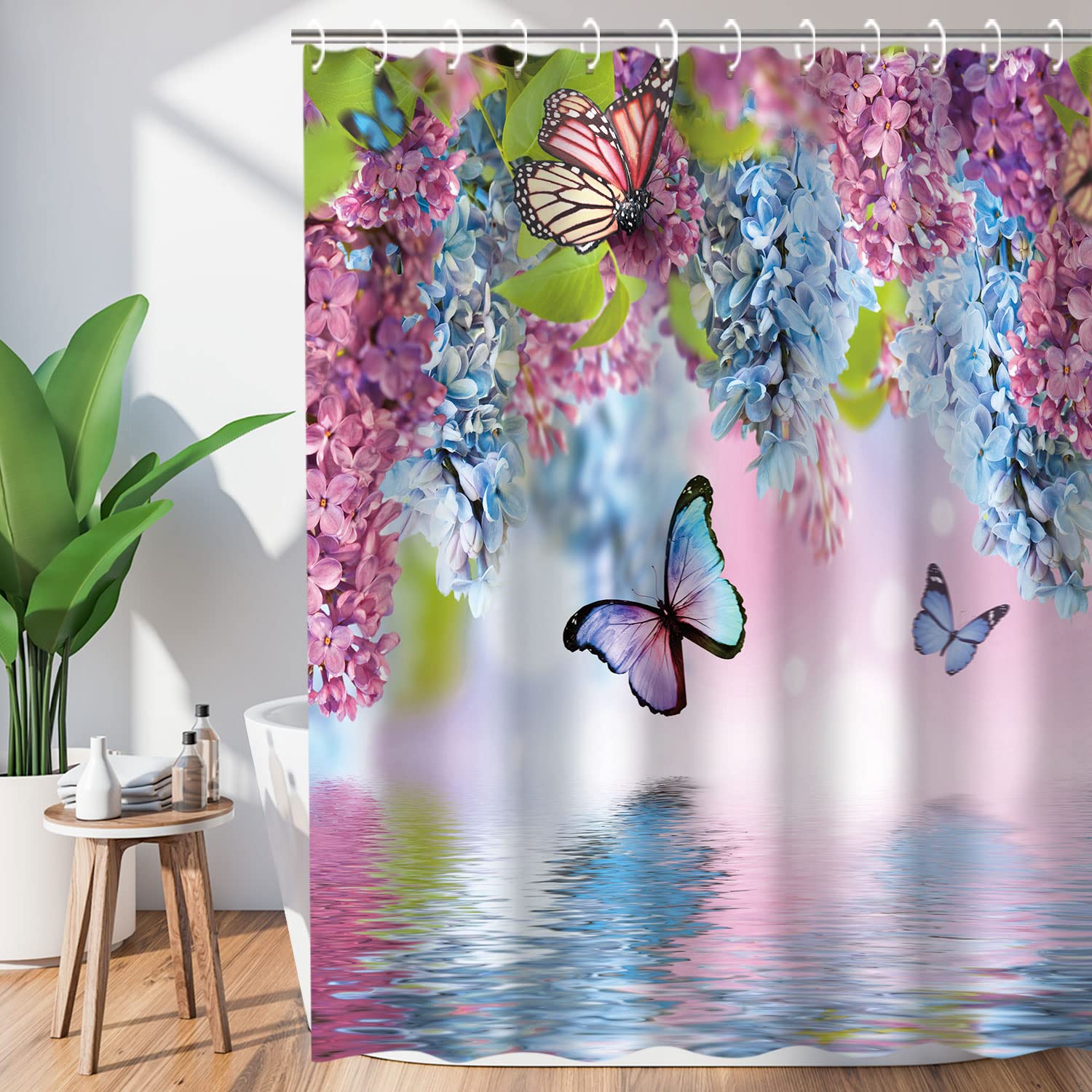 Livilan Butterfly Shower Curtains With Hooks, Floral Shower Curtain, Blue Butterfly Shower Curtain, Watercolor Flowers And Green