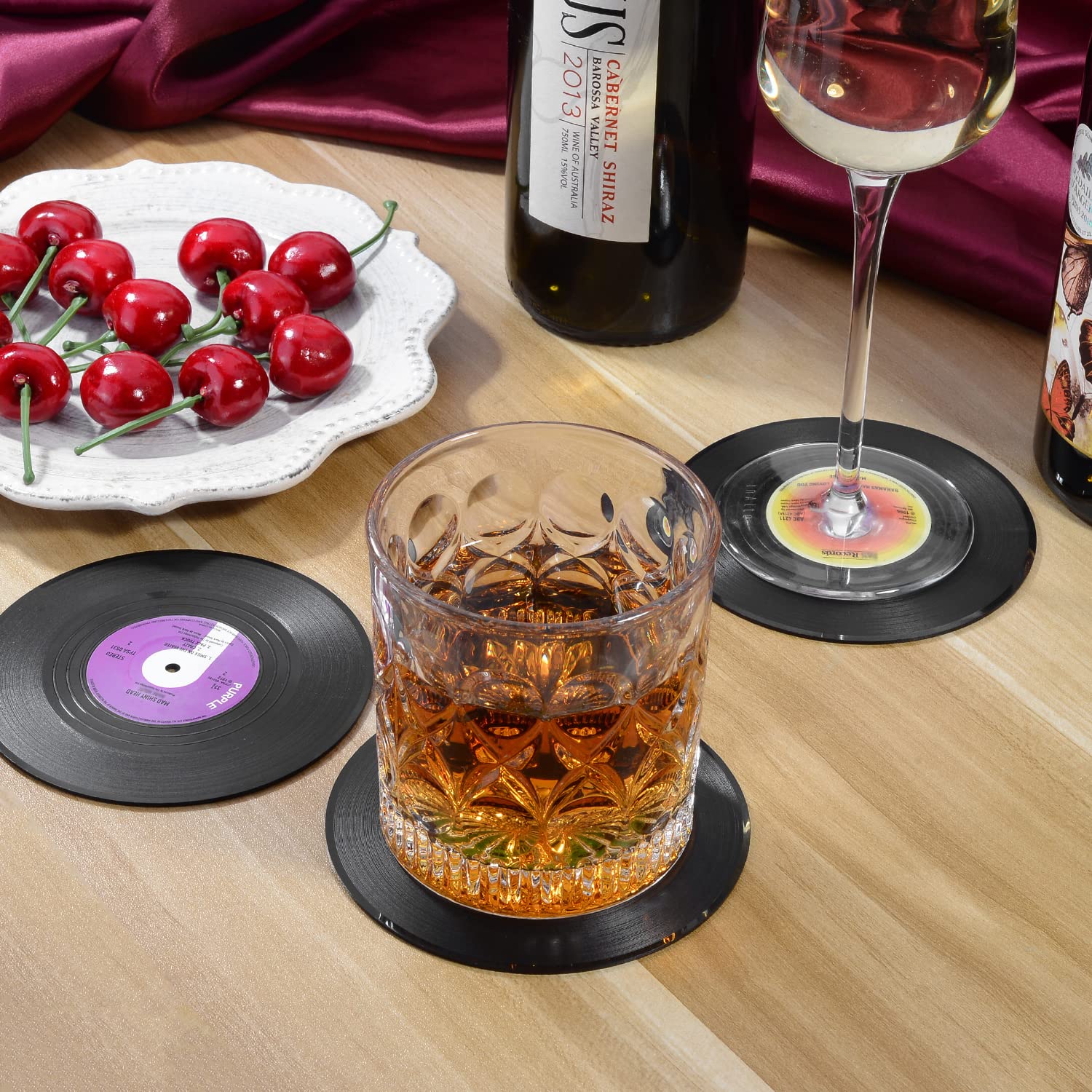 MECOWON Music Coasters with Vinyl Record Player Holder  Set of 6 Drink Coasters for Music Lovers