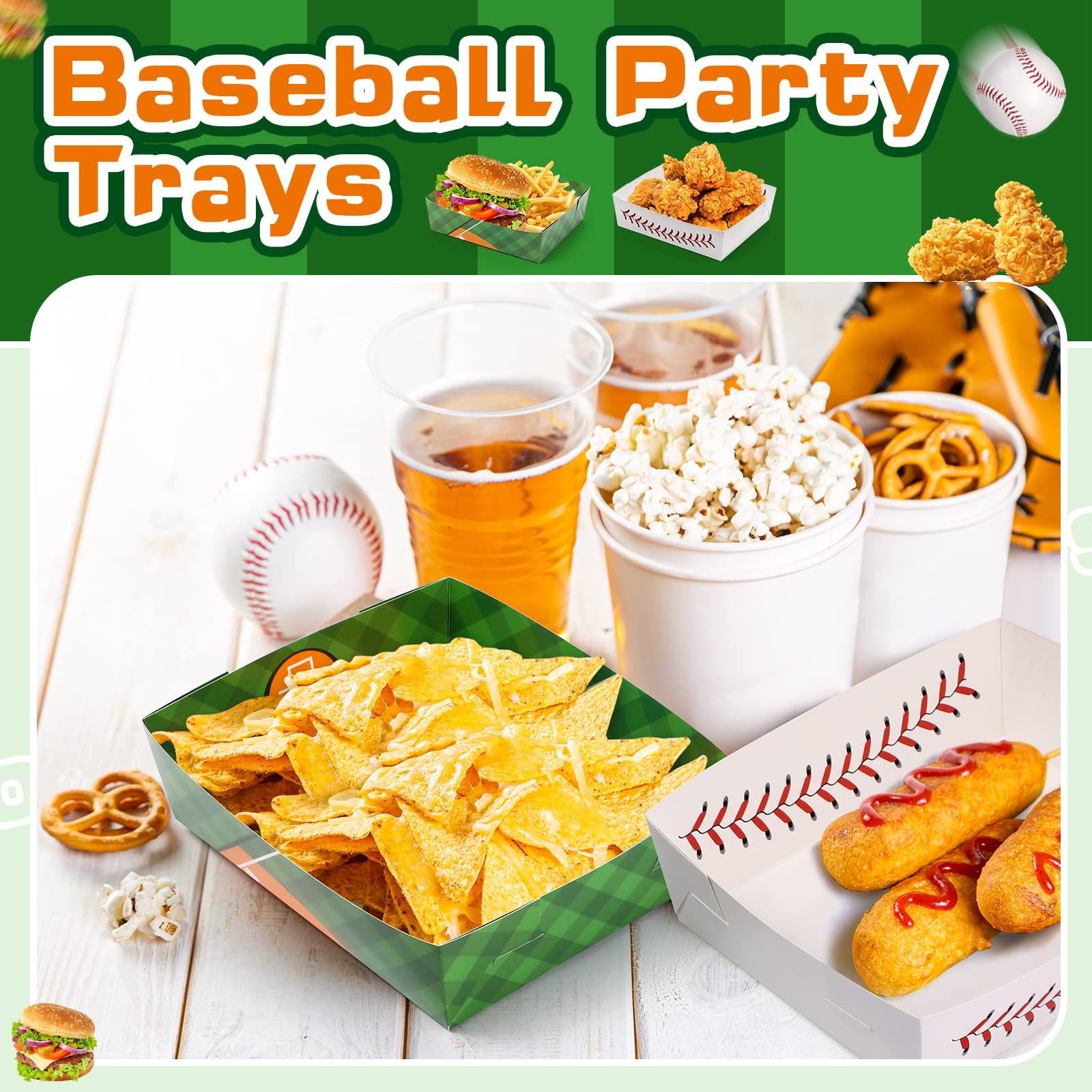 Teling 36 Pcs Baseball Theme Party Supplies 5 Lb Baseball Plates Food Trays Nacho Boats Large Paper Food Boats Nacho Trays Dispo