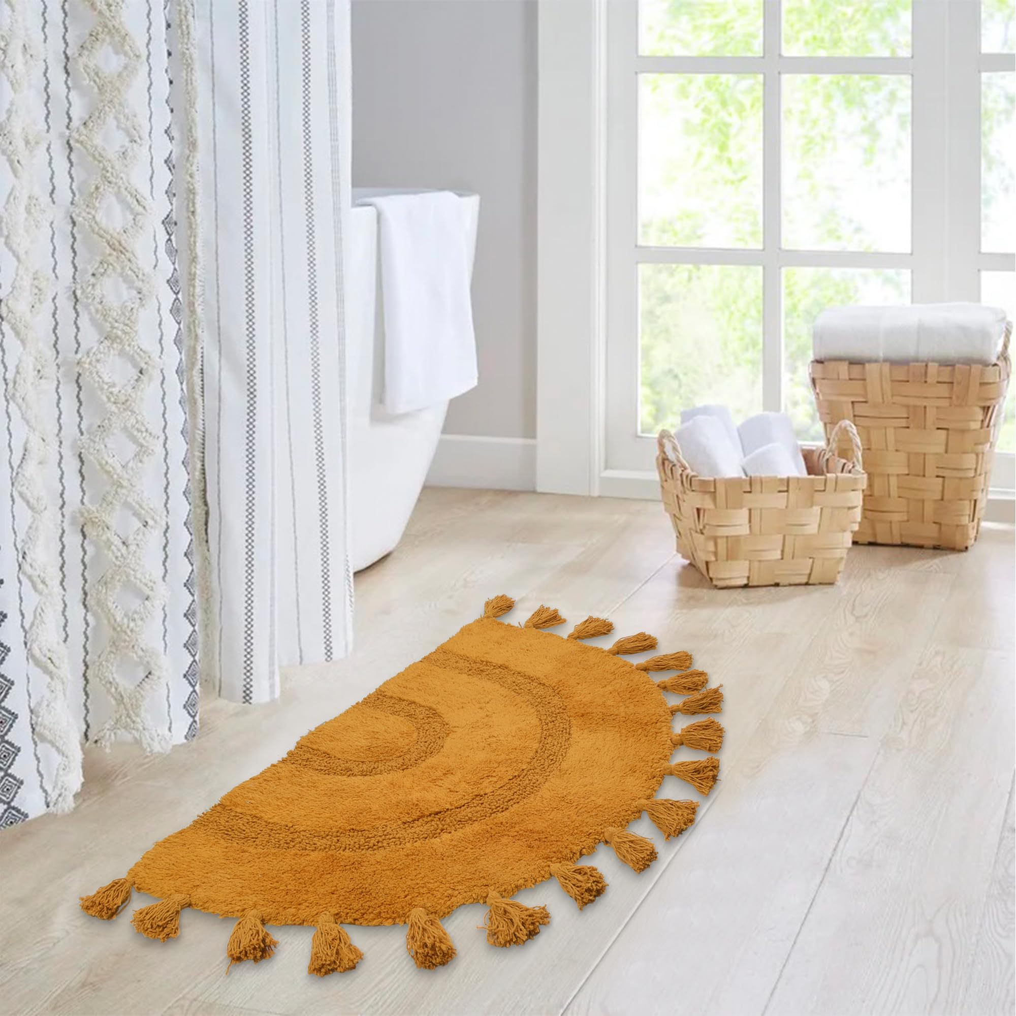 Half Circle Boho Bathroom Rugs With Tassels 100% Cotton Hand-Woven Bath Mat Non Slip Absorbent Bath Rugs With Rug Pad Washable B