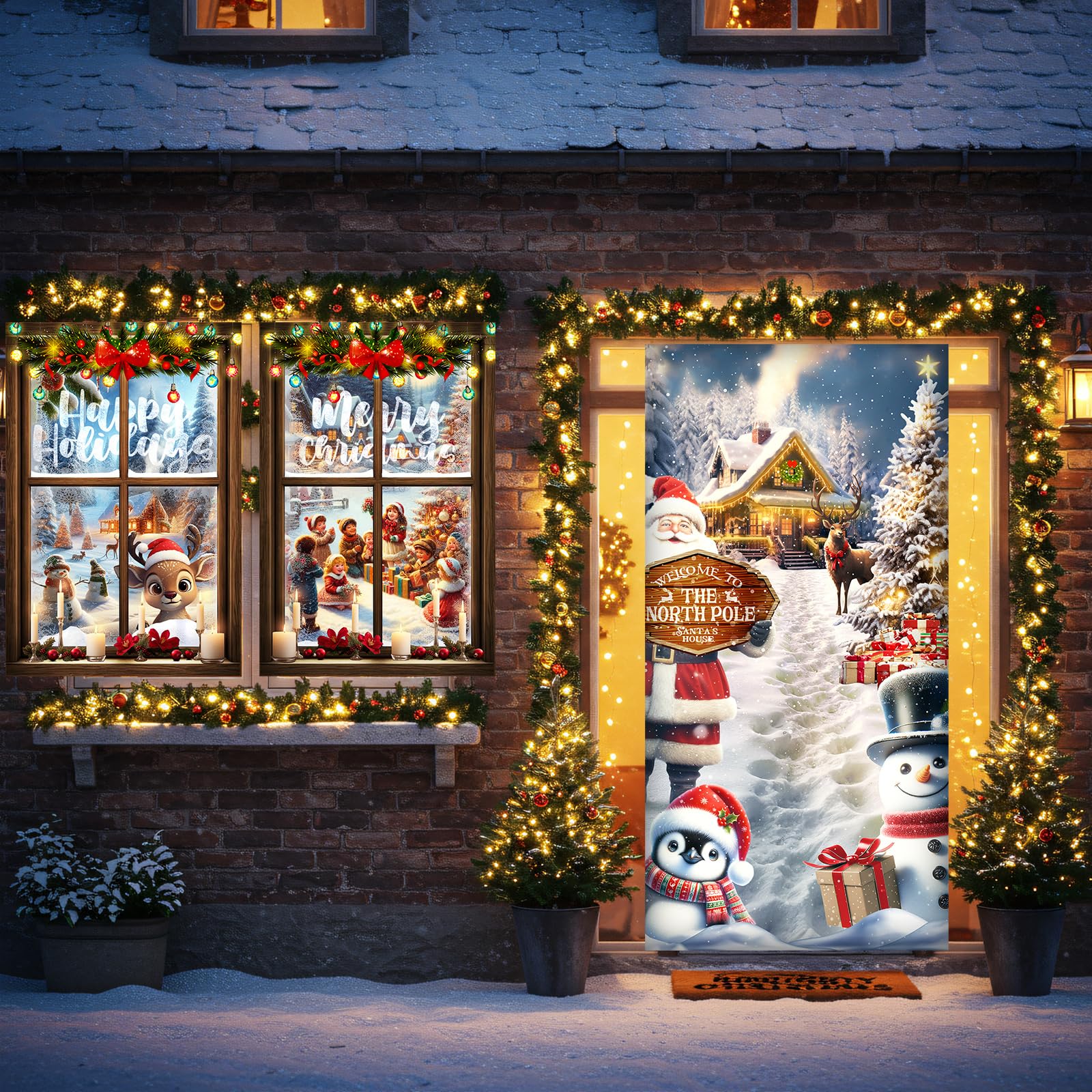 Tioncy 3 Pcs Christmas Door Window Cover Decorations Set 71 x 35 Christmas Door Cover 47 x 32 Xmas Window Curtain Santa Claus Sn