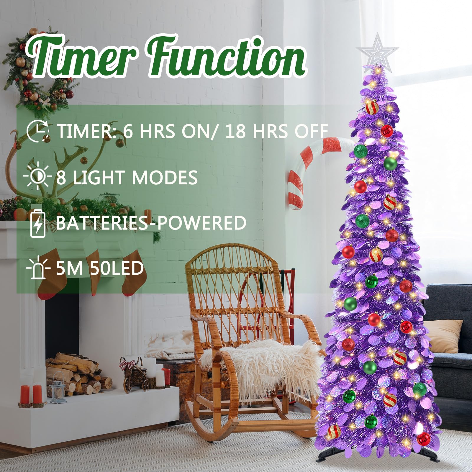 SINTENILL 5 FT Pop Up Christmas Tree with Timer Lights and Decorations, Purple Artificial Tinsel Christmas Tree with 24 Ball Orn