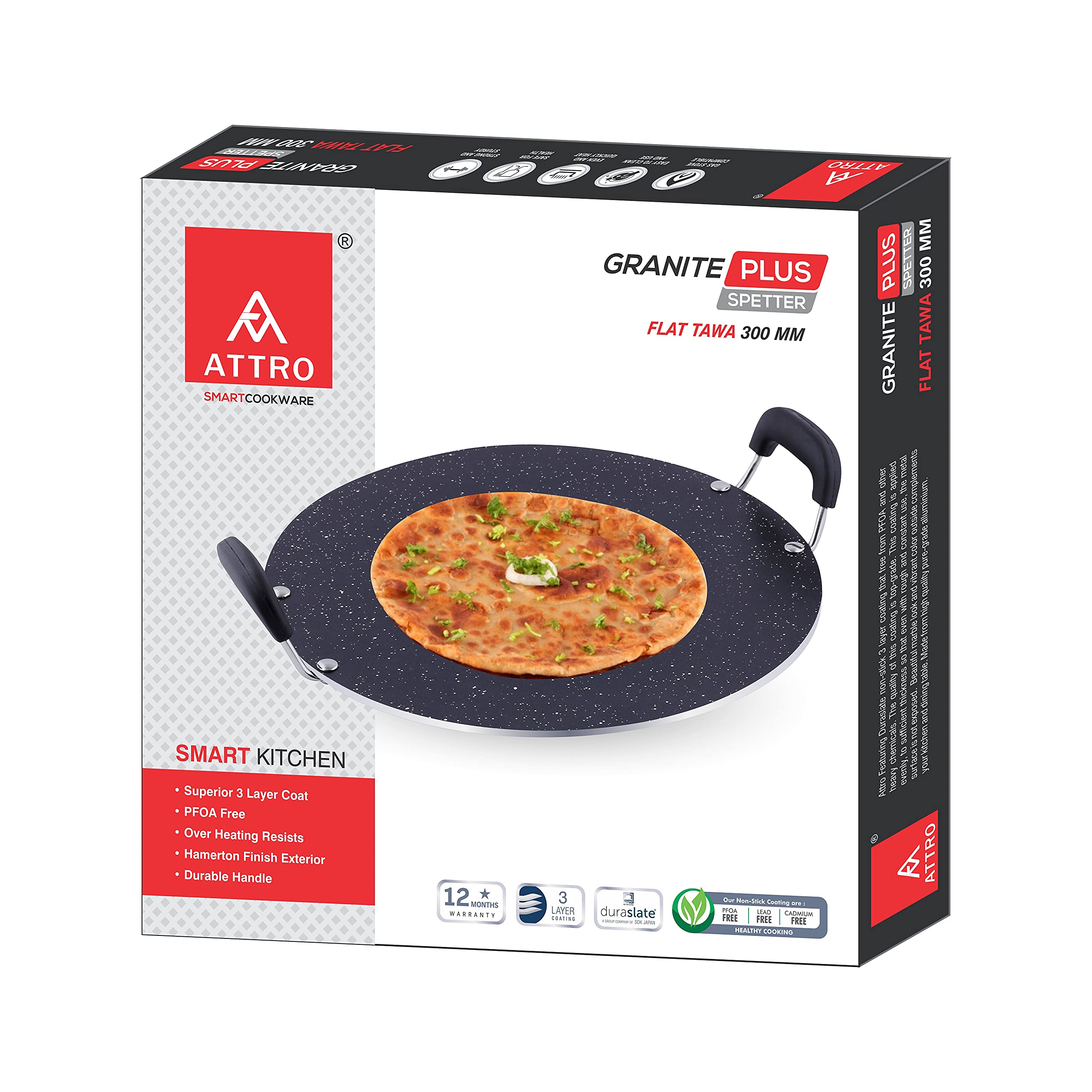 Attro Non Stick Aluminium Heavy Duty Double Handle Flat Spatter Finish Tawa, 300 Mm, (Black)