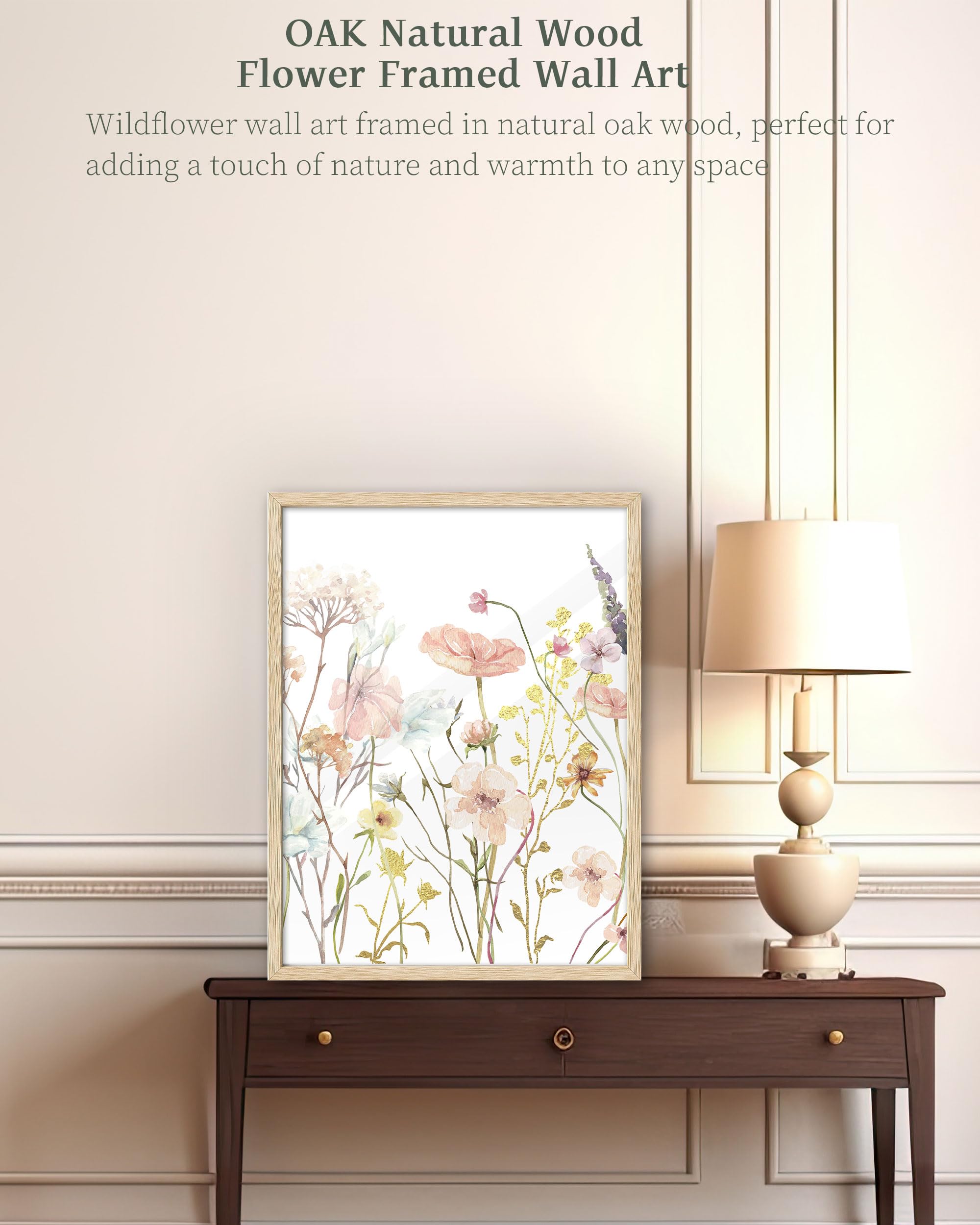 iHery Floral Wall Art Set of 3, 12x16 in Beige Oak Wood Frame, Wildflower Canvas Prints for Bedroom Living Room Decor