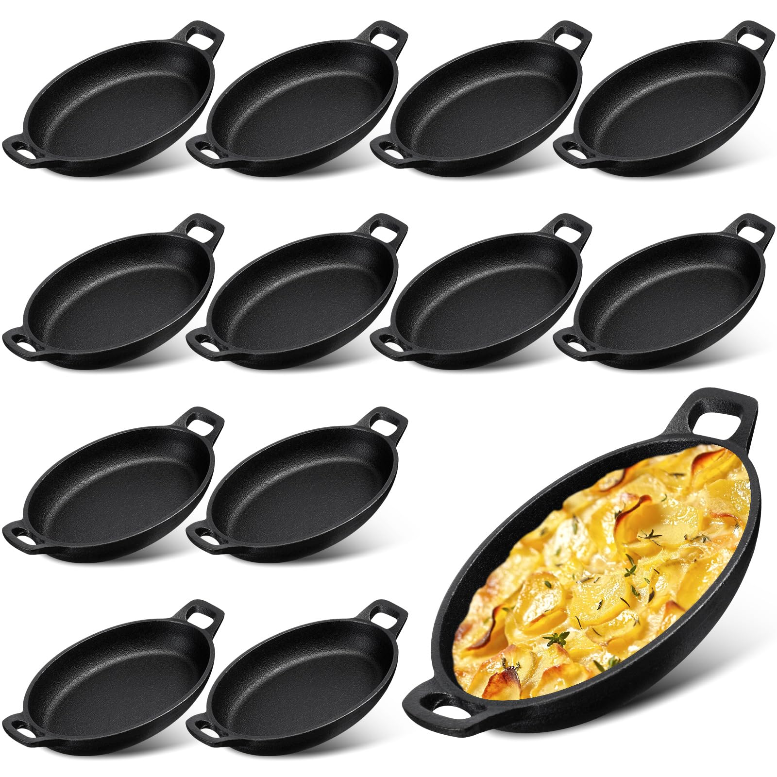 Mifoci 12 Pcs 16 Oz 8.7'' X 4.7'' Oval Serving Dish Mini Cast Iron Skillet Cast Iron Baking Pan Sizzling Plate Matte Black Grati