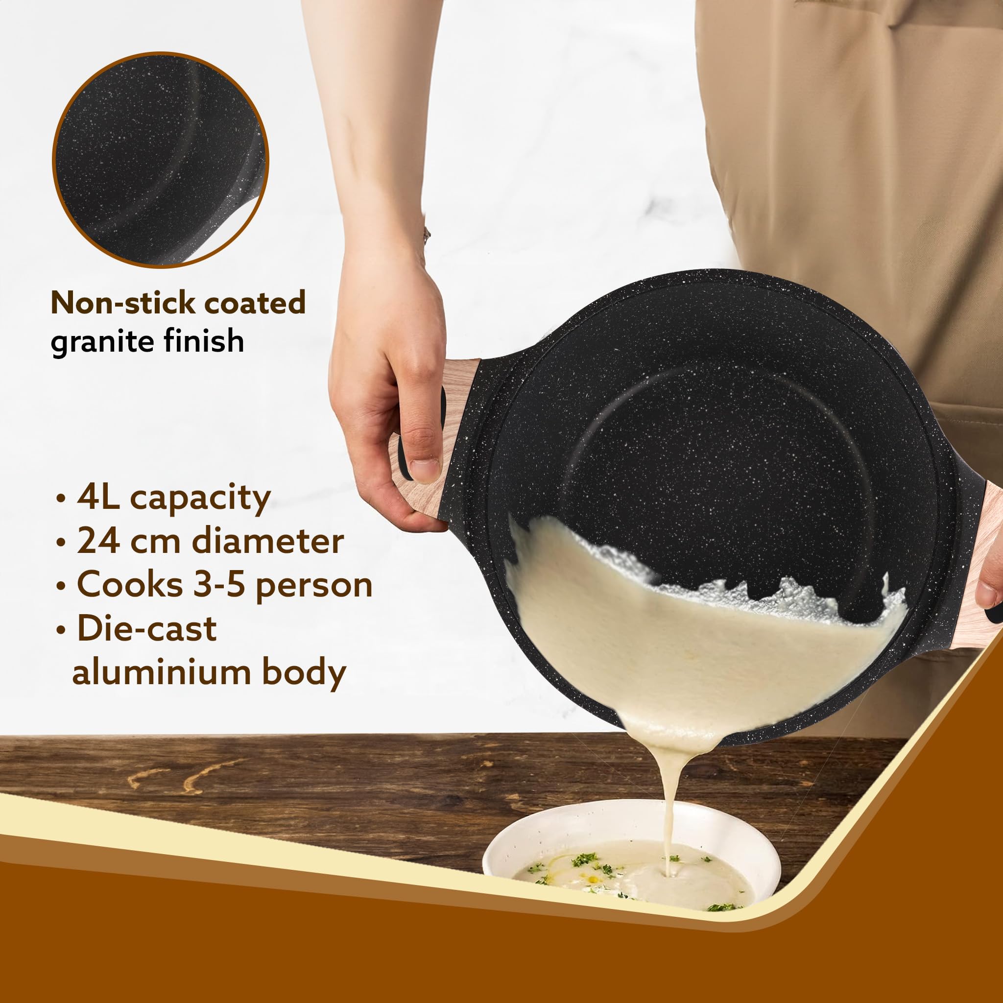Agaro Imperial Granite Non Stick Casserole With Glass Lid, 4 Litre/24Cm, Cast Aluminium Body, Stew Pot, Biriyani Pot, Rice Pot,