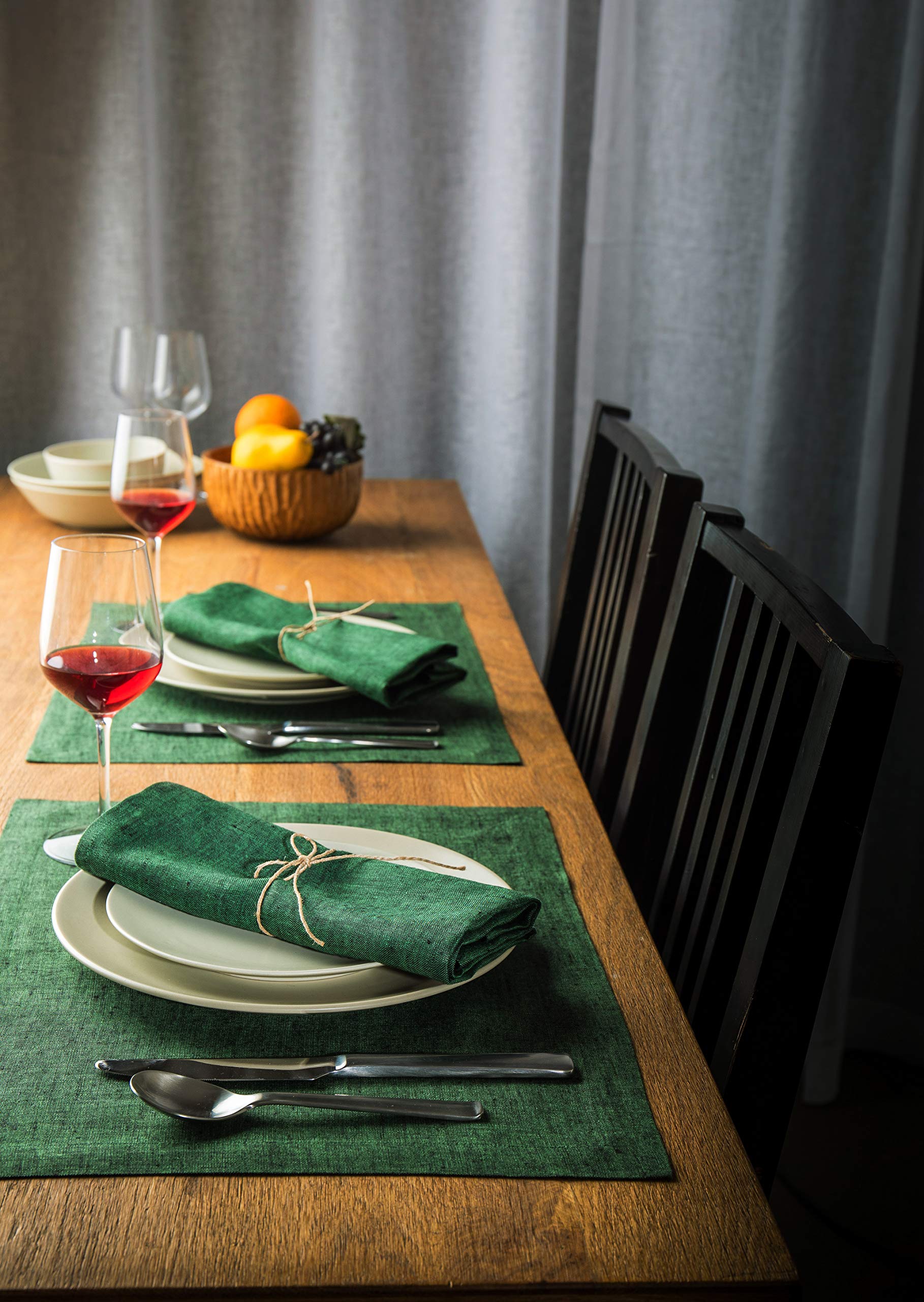 Solino Home Linen Placemats 19'' L X 14'' W Inch - 100% Pure Linen Forest Green Cloth Placemats Set Of 4 - Athena, Washable Fabr
