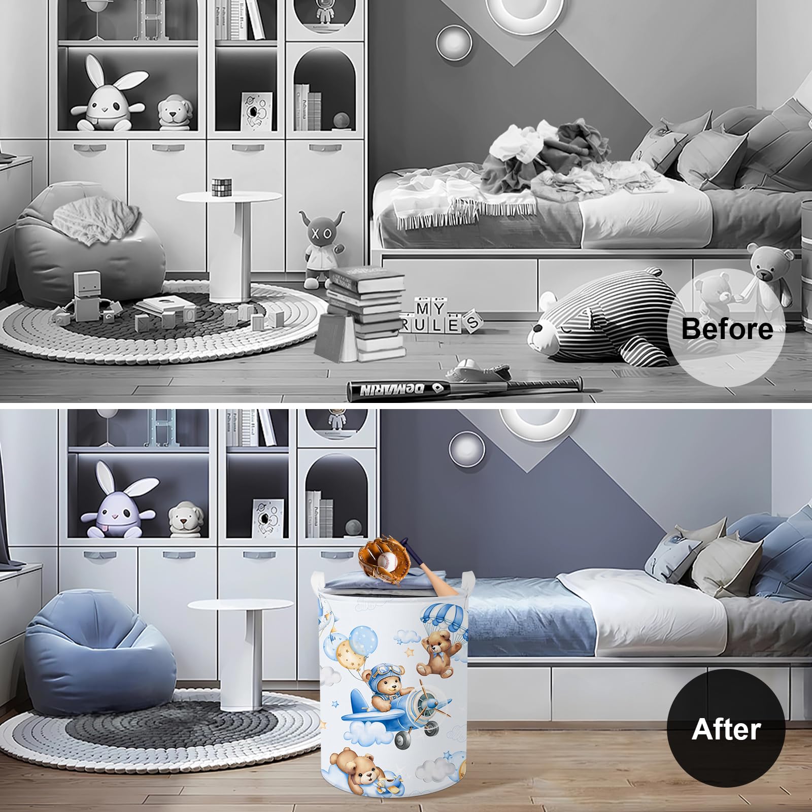 Clastyle 45L Large Blue Bear Pilot Kid Boy Girl Laundry Hamper With Handle Collapsible Balloon Clothes Toy Storage Basket With L