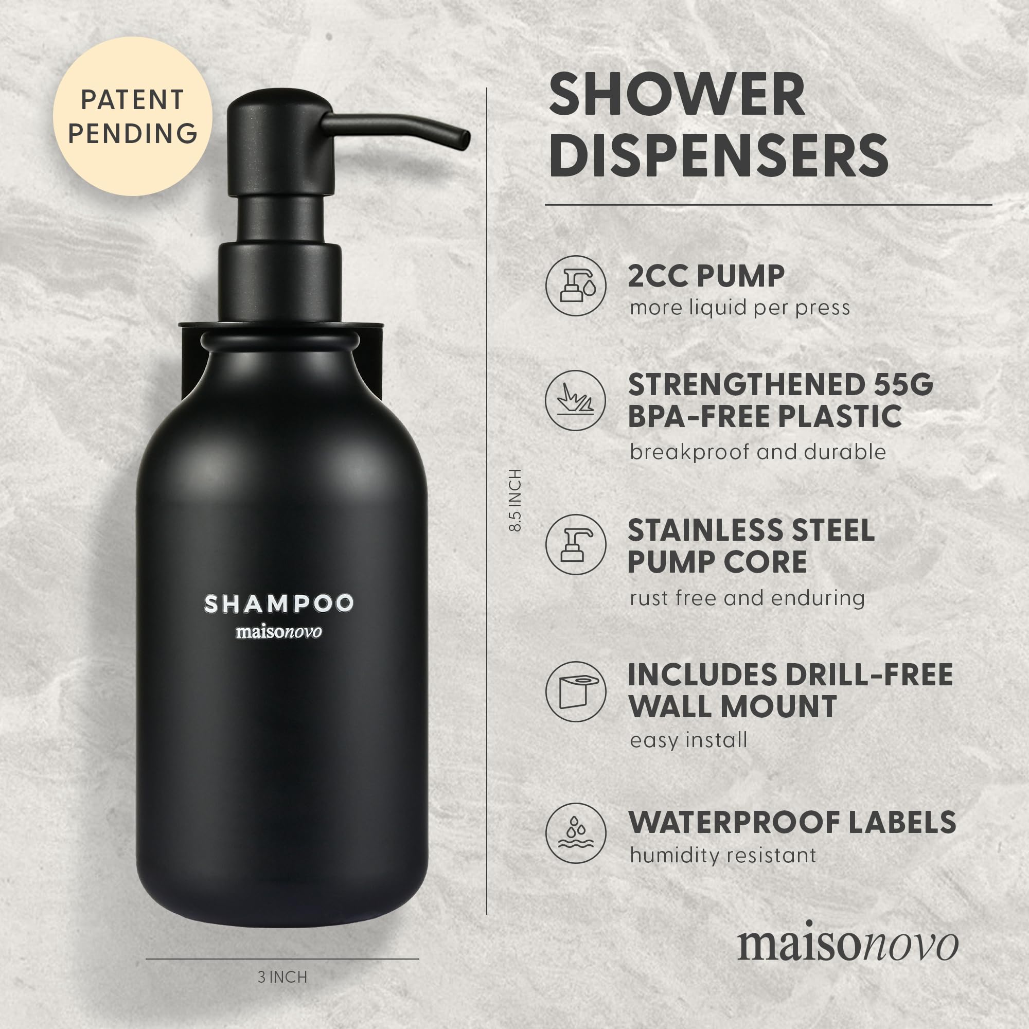 MaisoNovo Shampoo and Conditioner Dispenser | 3 Plastic Black 3 Wall Mount Black | Shampoo Dispenser with Labels | Shower Bottles Refillable