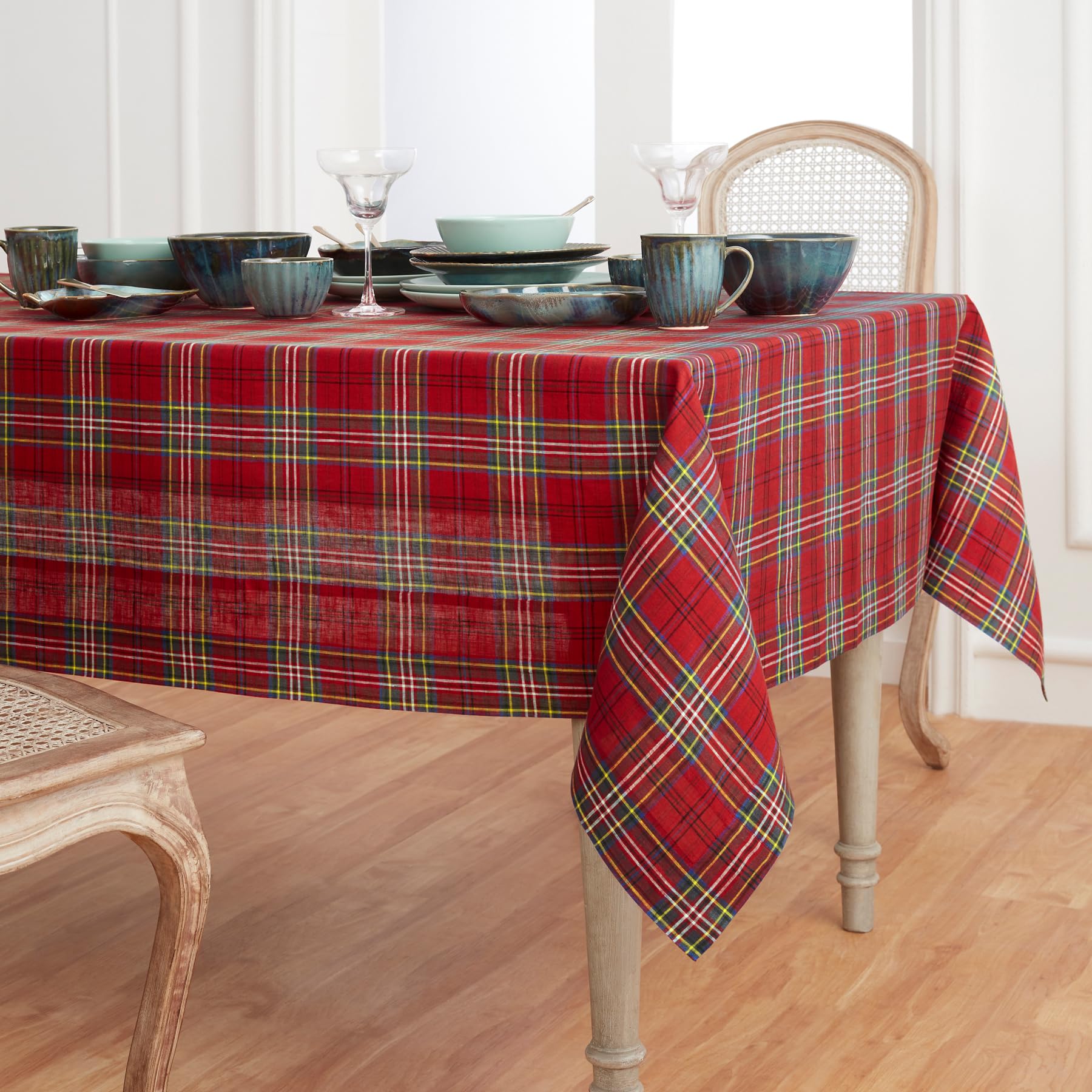 Solino Home Tablecloth 120'' L X 60'' W Inch - 100% Pure Linen Red Classic Tartan Plaid Tablecloth - Handcrafted And Machine Was
