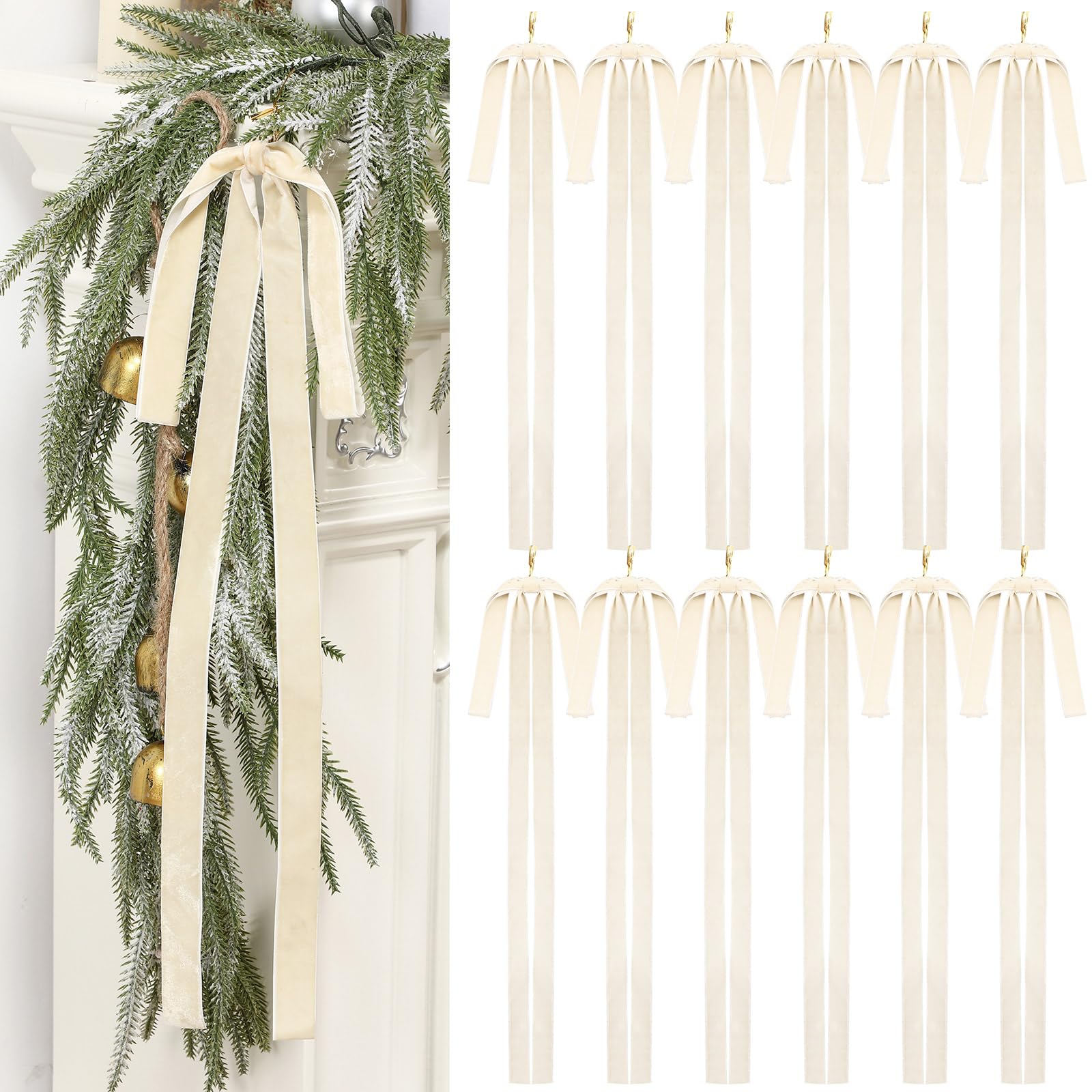 Janinka 12 Pcs Beige Velvet Ribbon Bows Christmas Tree Decorations 23.5x15.5 Inch Rustic Neutral Large Velvet Vintage Christmas 