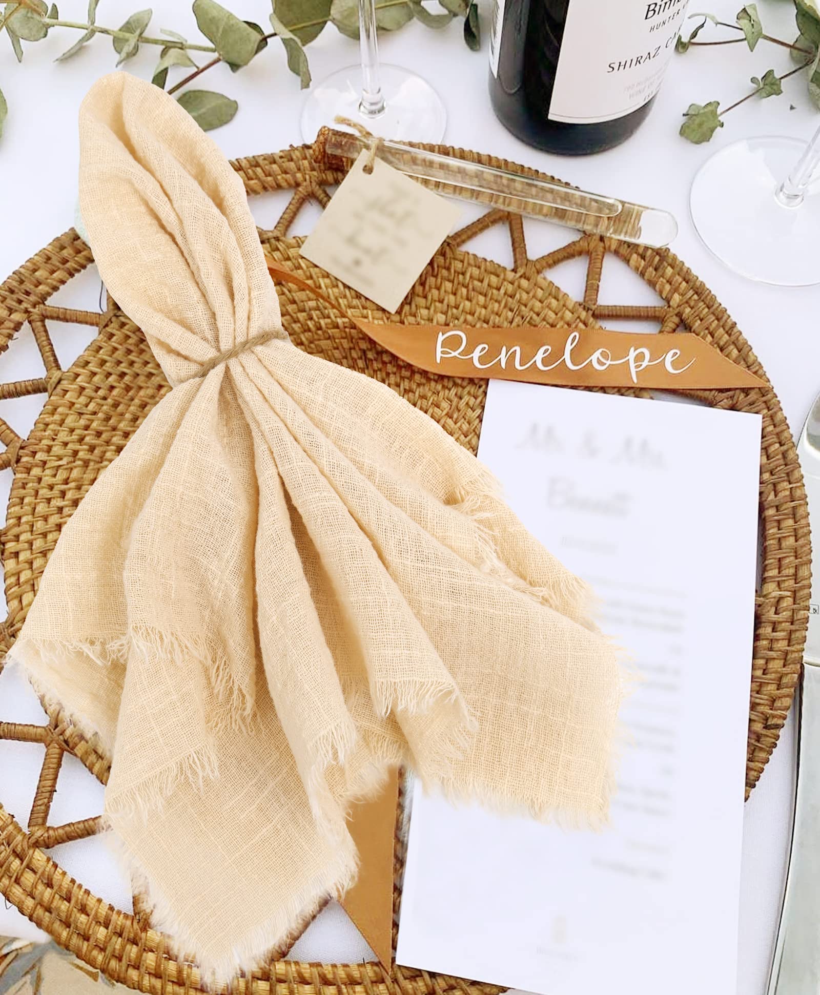 Handmade Cloth Napkins With Fringe Beige, 16X16 Inches Cotton Napkins With Fringe Set Of 24,Delicate Rustic Dinner Napkins Bulk