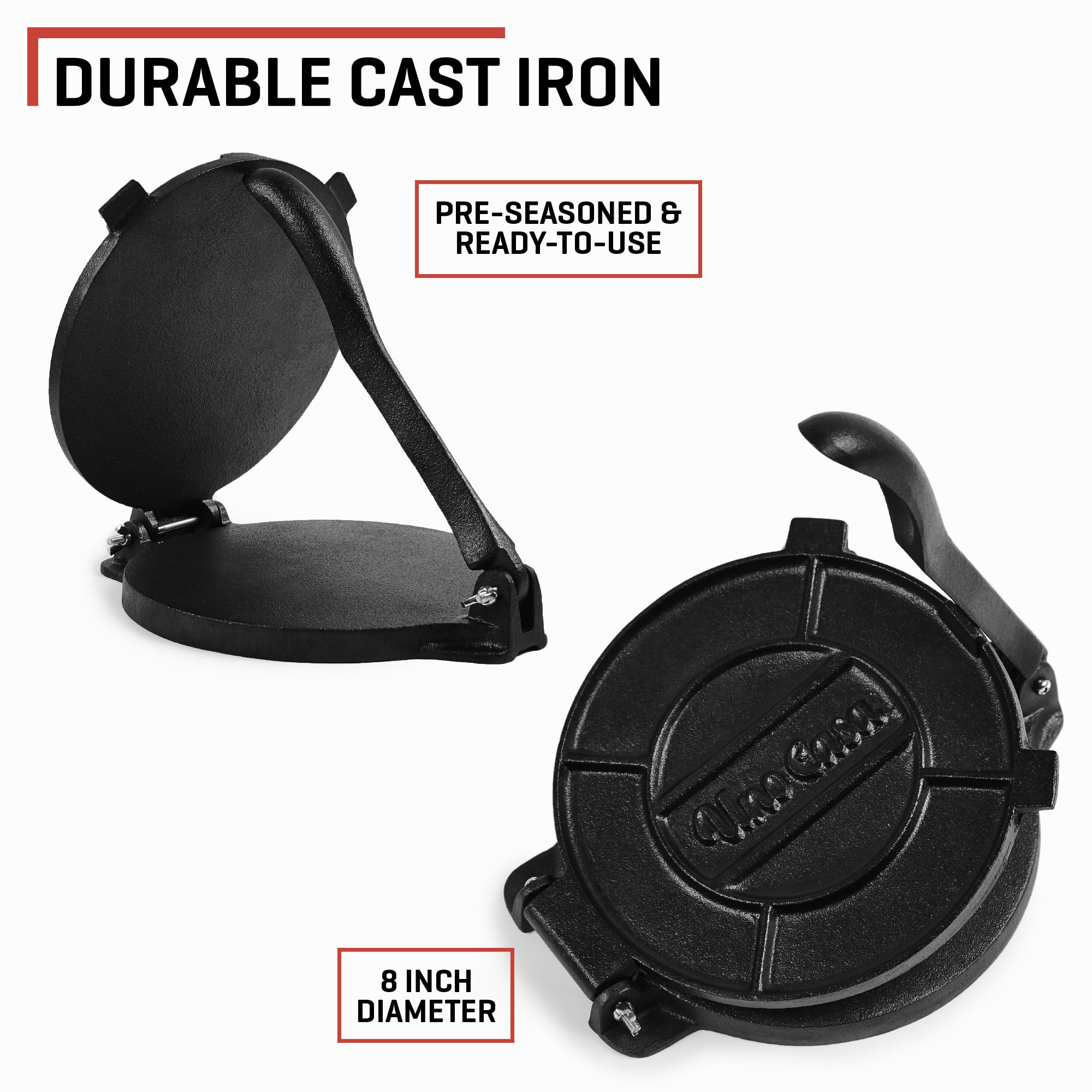 Uno Casa Cast Iron Tortilla Press 8 Inch - Tortilla Maker Press  Pre-Seasoned Roti Maker with 100 Pcs Parchment Paper  Heavy Duty Quesadilla Maker - Pataconera for Flour Tortilla  Tawa