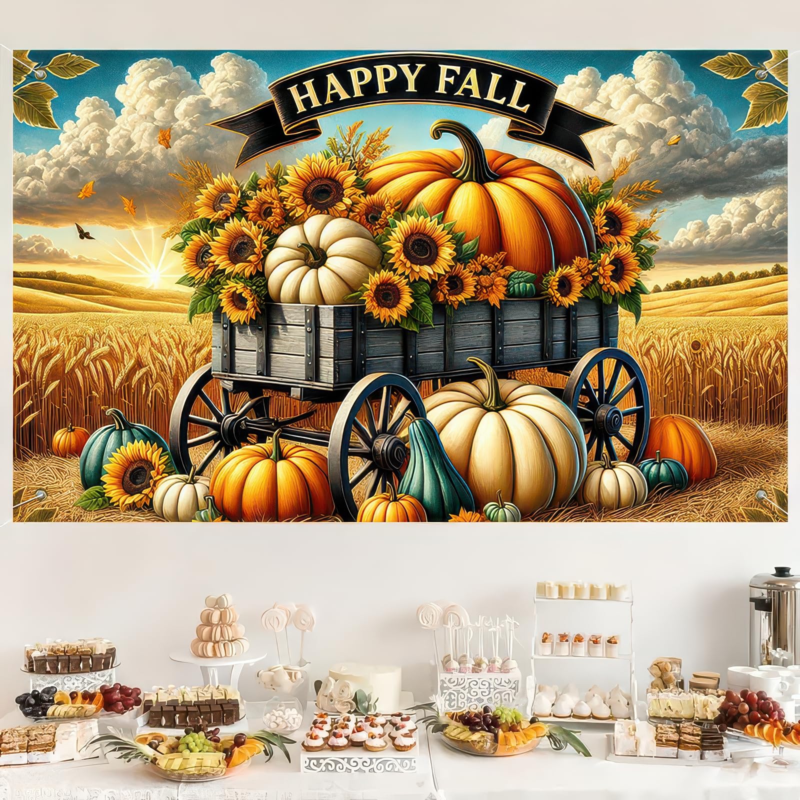 BlissYard 71x43 Inchs Happy Fall Banner Autumn Sunflower Pumpkin Backdrop Outdoor Indoor Decorations Fall Thanksgiving Truck Ban
