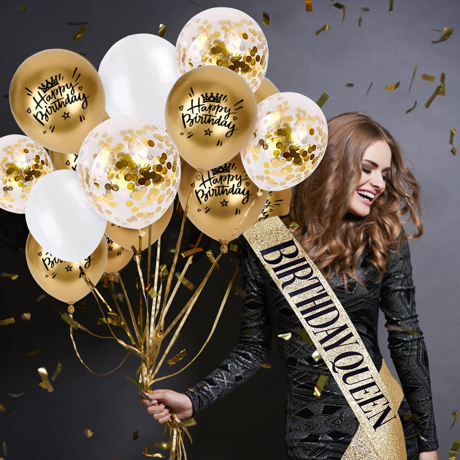 36PCS Birthday Decorations for Women Including Queen Sash  Crown  Birthday Cake Toppers  Birthday candles and Balloons. Birthday Sash and Tiara  Golden White Birthday Party Decorations Favors