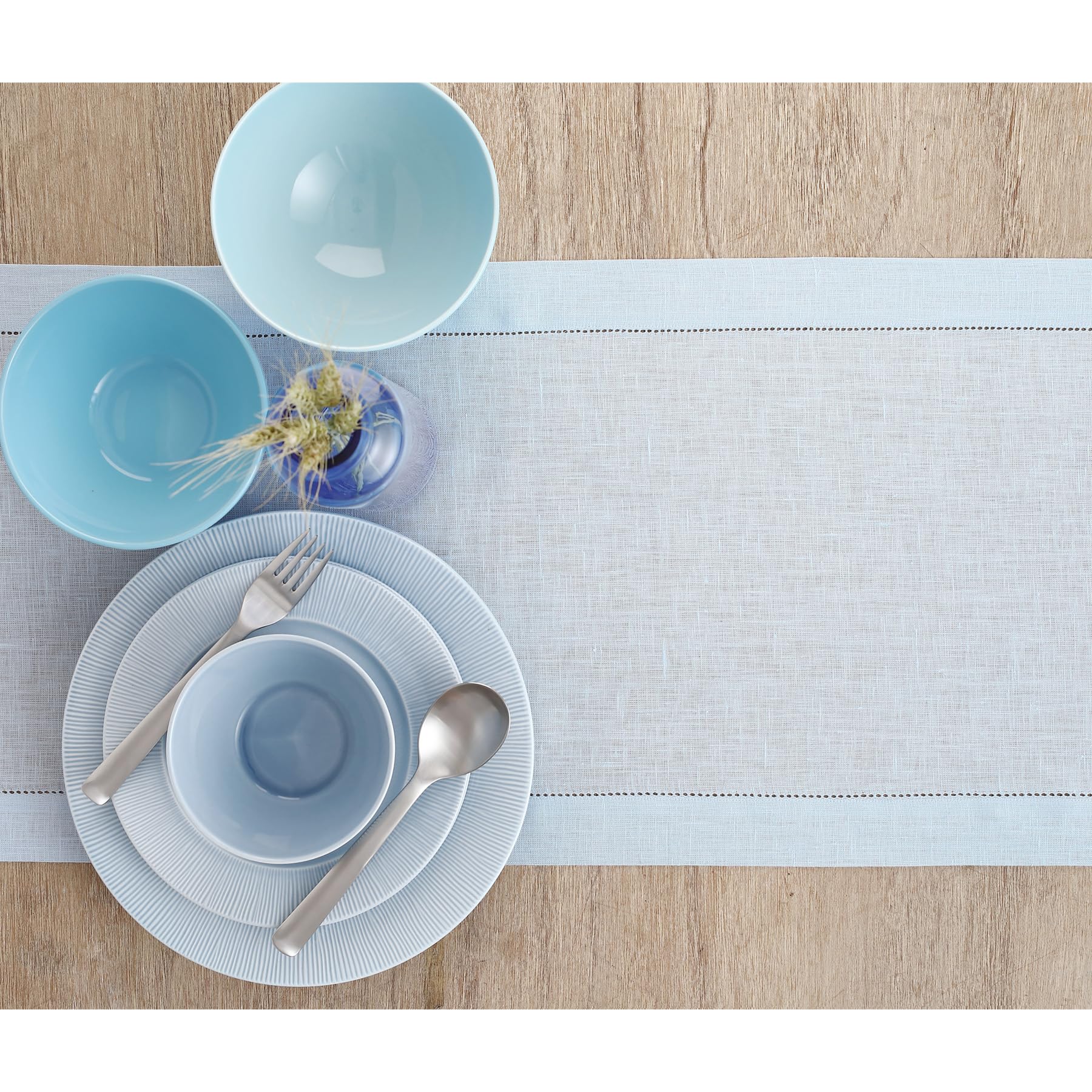 Solino Home Linen Light Blue Table Runner 144 Inches Long - 100% Pure Linen Classic Hemstitch Dining Table Runner 14 X 144 Inch