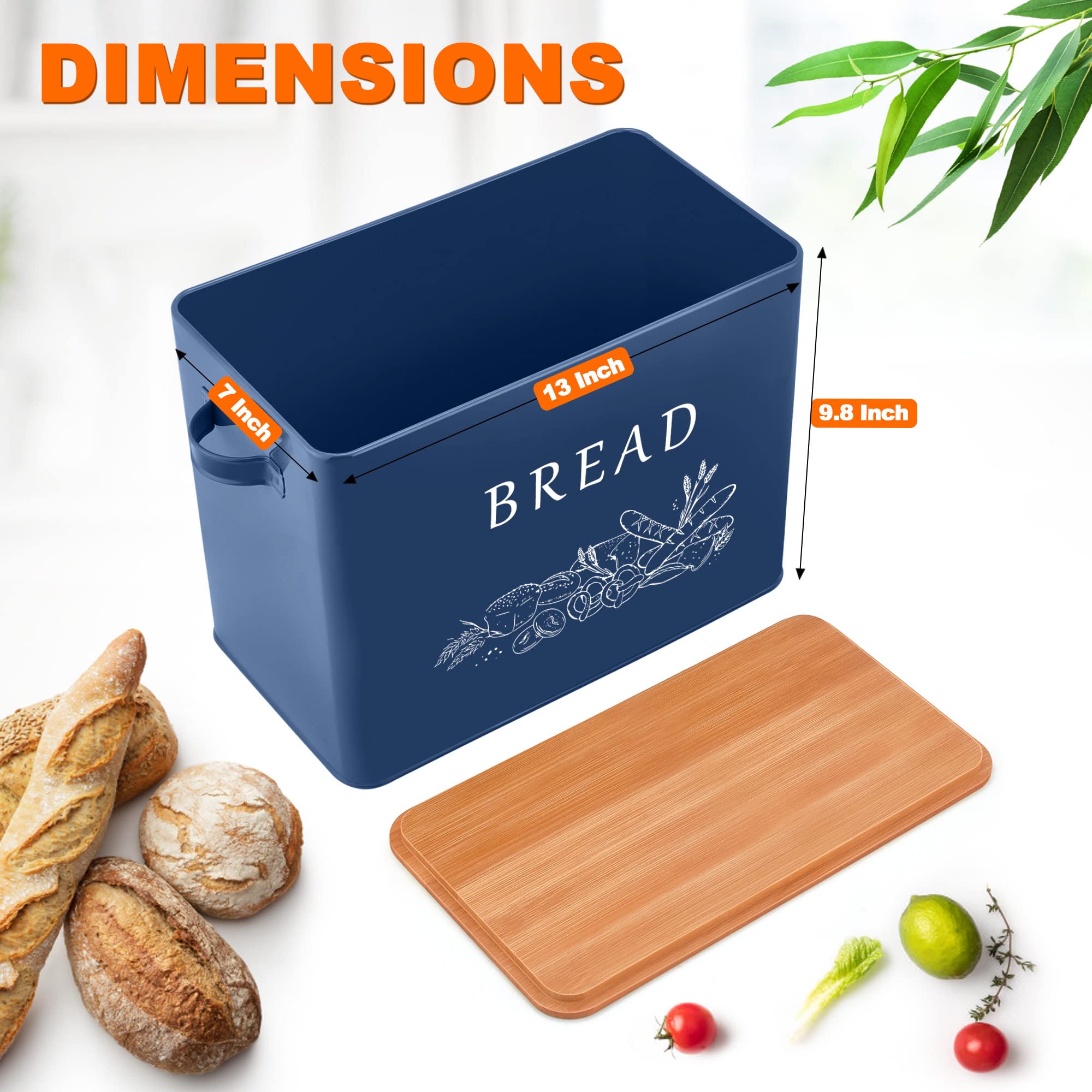 Lianyu Navy Blue Bread Box With Bamboo Cutting Board Lid, Large Farmhouse Metal Bread Storage Container For Kitchen Countertop,