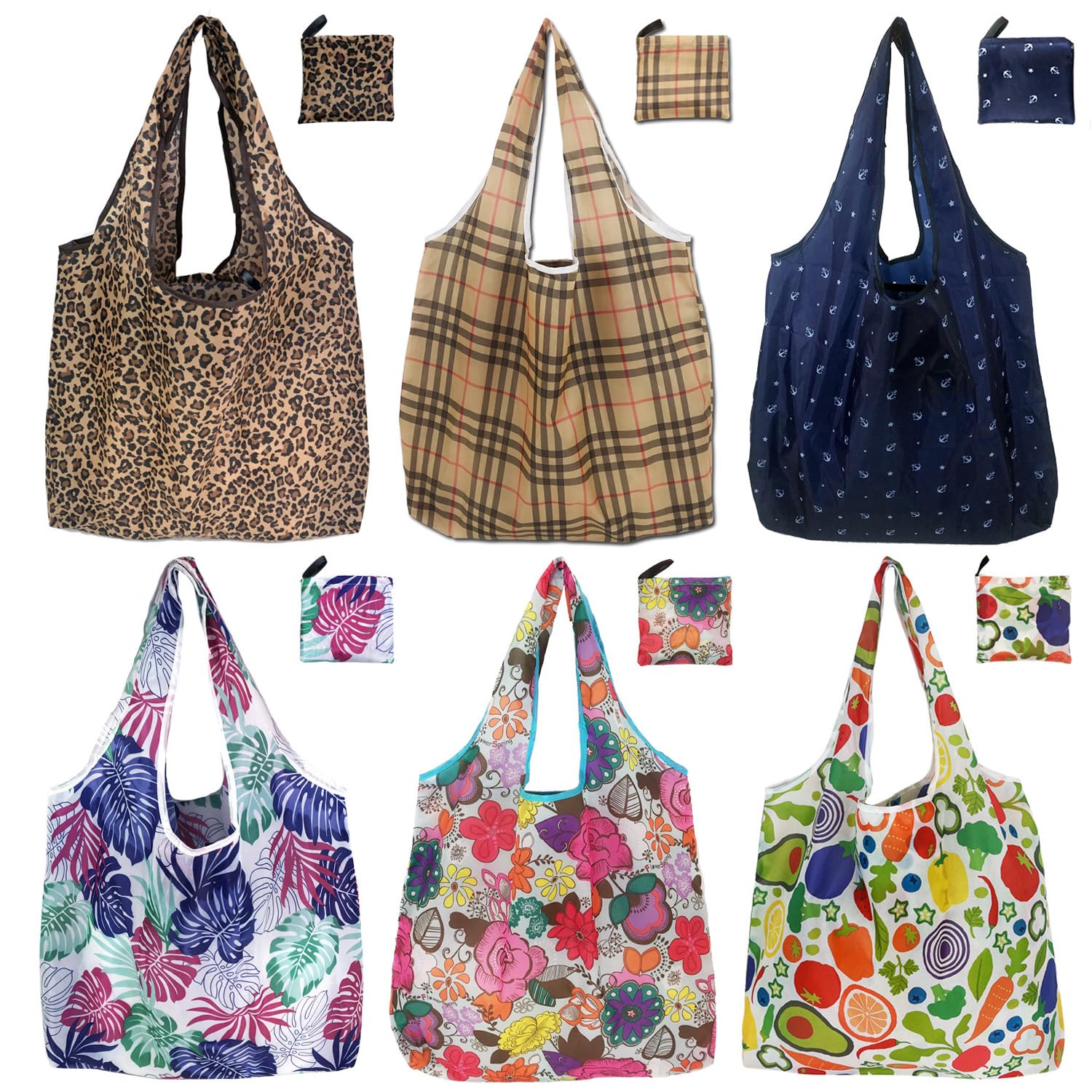 Noilk Reusable Grocery Bags, 6 Pack 50Lbs Foldable Fashion Washable Shopping Bags, Large Tote Bags For Groceries, Foldie Beach B