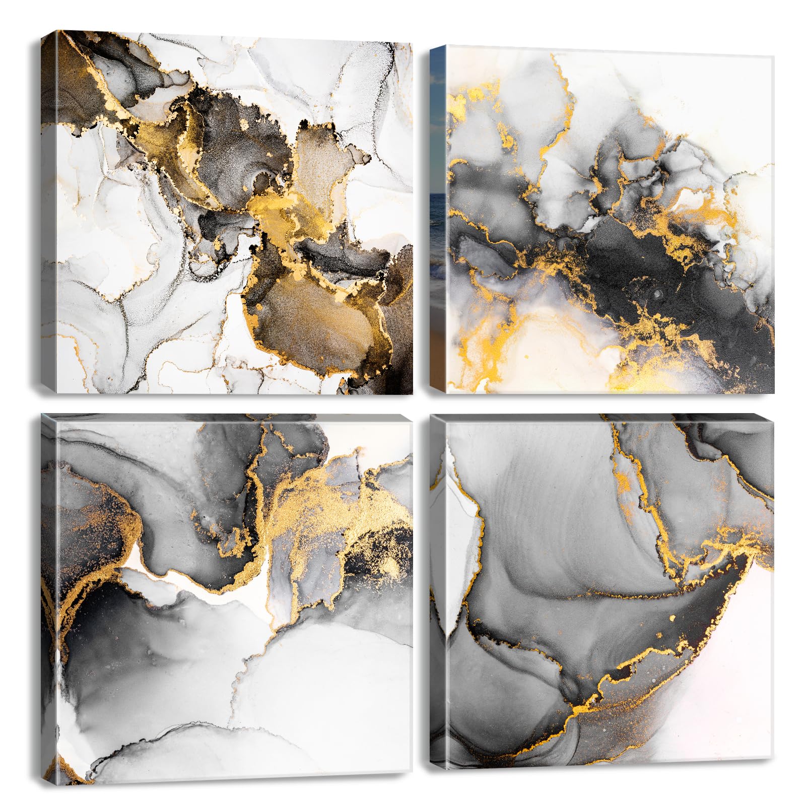 Black And Gold Wall Art Abstract Marble Wall Decor Fluid Texture Painting For Bathroom Living Room Watercolor Ink Lines Pictures