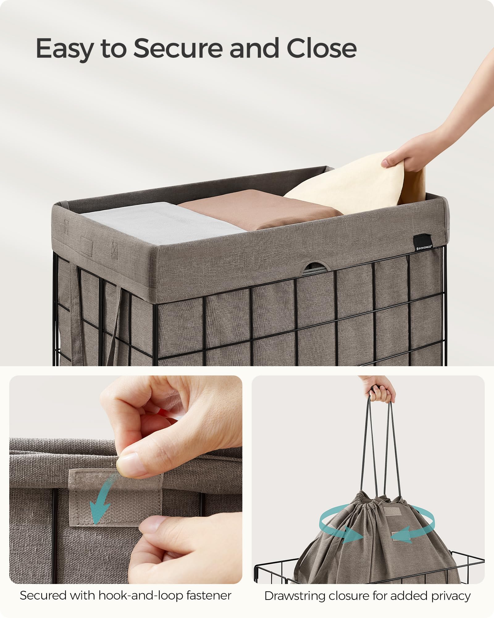 Songmics Laundry Hamper, 23.8 Gal (90L) Laundry Basket, Collapsible Clothes Hamper, Removable And Washable Liner, Metal Wire Fra