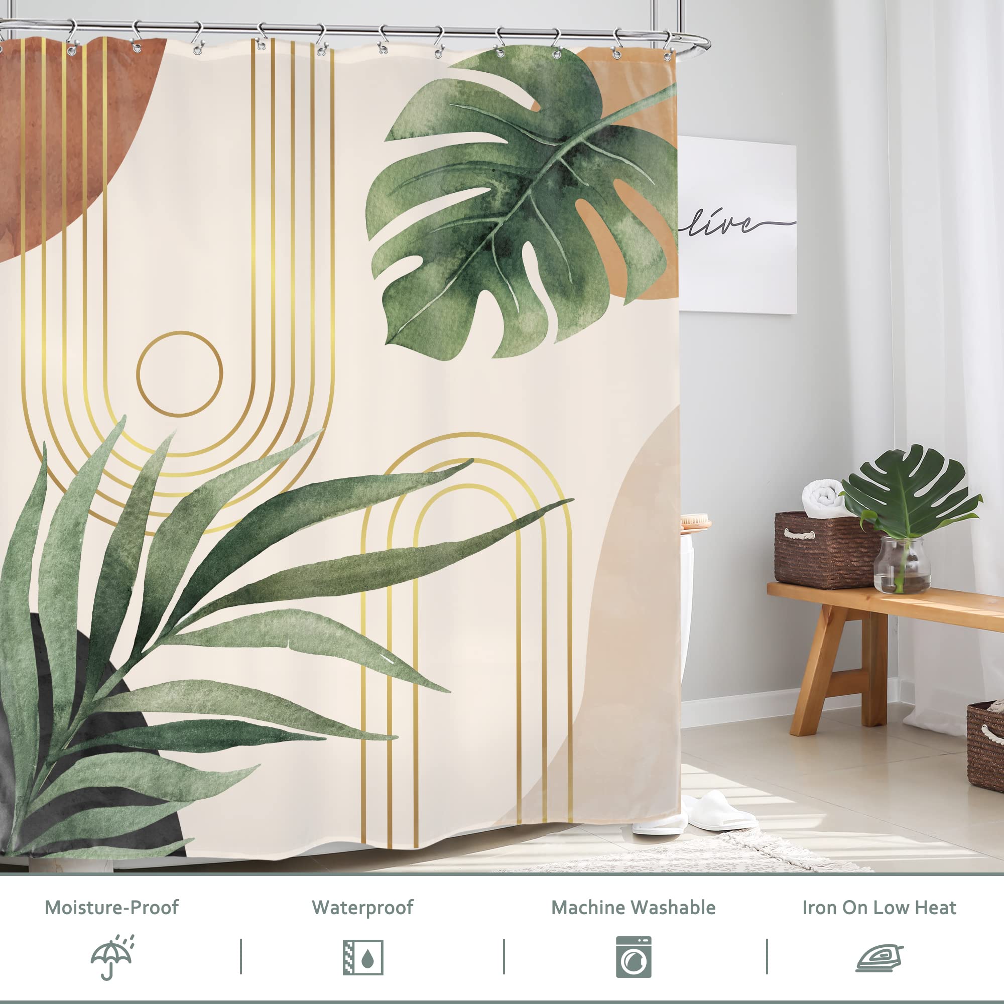 Glawry Boho Sage Green Shower Curtain 60Wx72L Inches, Abstract Bohemian Mid Century Bathroom Curtains, Plant Botanical Palm Leaf
