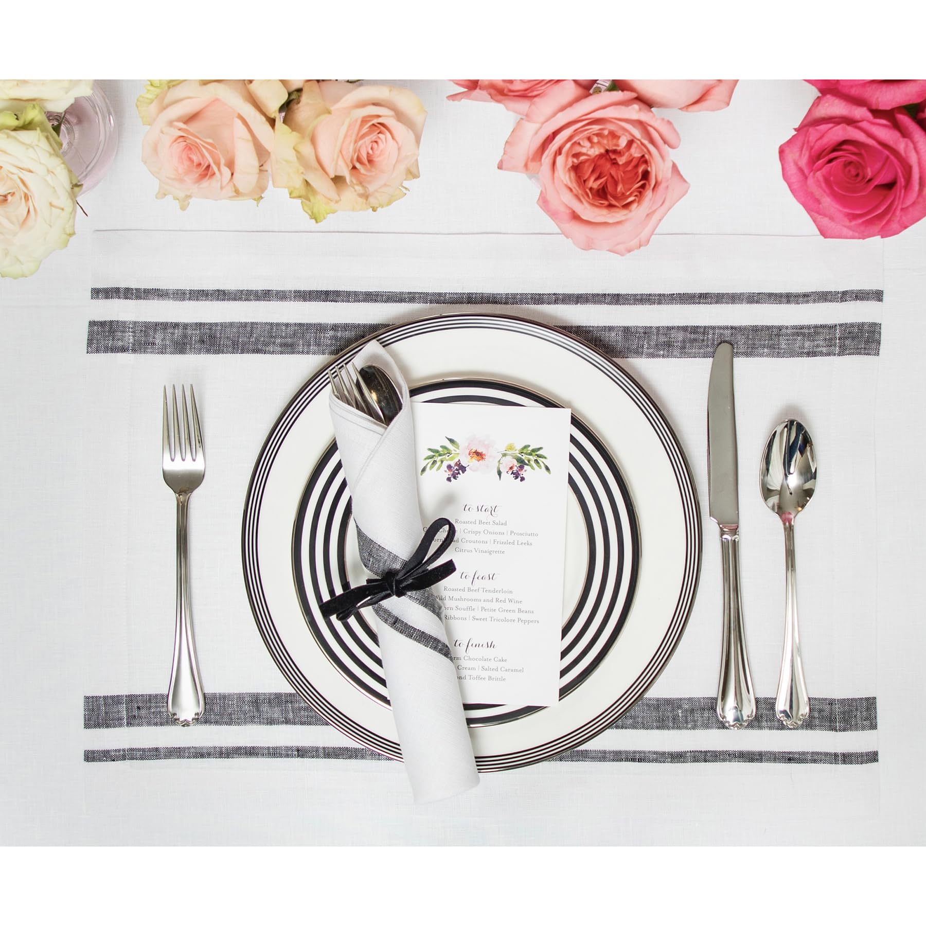 Solino Home Stripe Linen Placemats 19'' L X 14'' W - 100% Pure Linen Black And White Cloth Placemats Set Of 6 - French Stripe, W