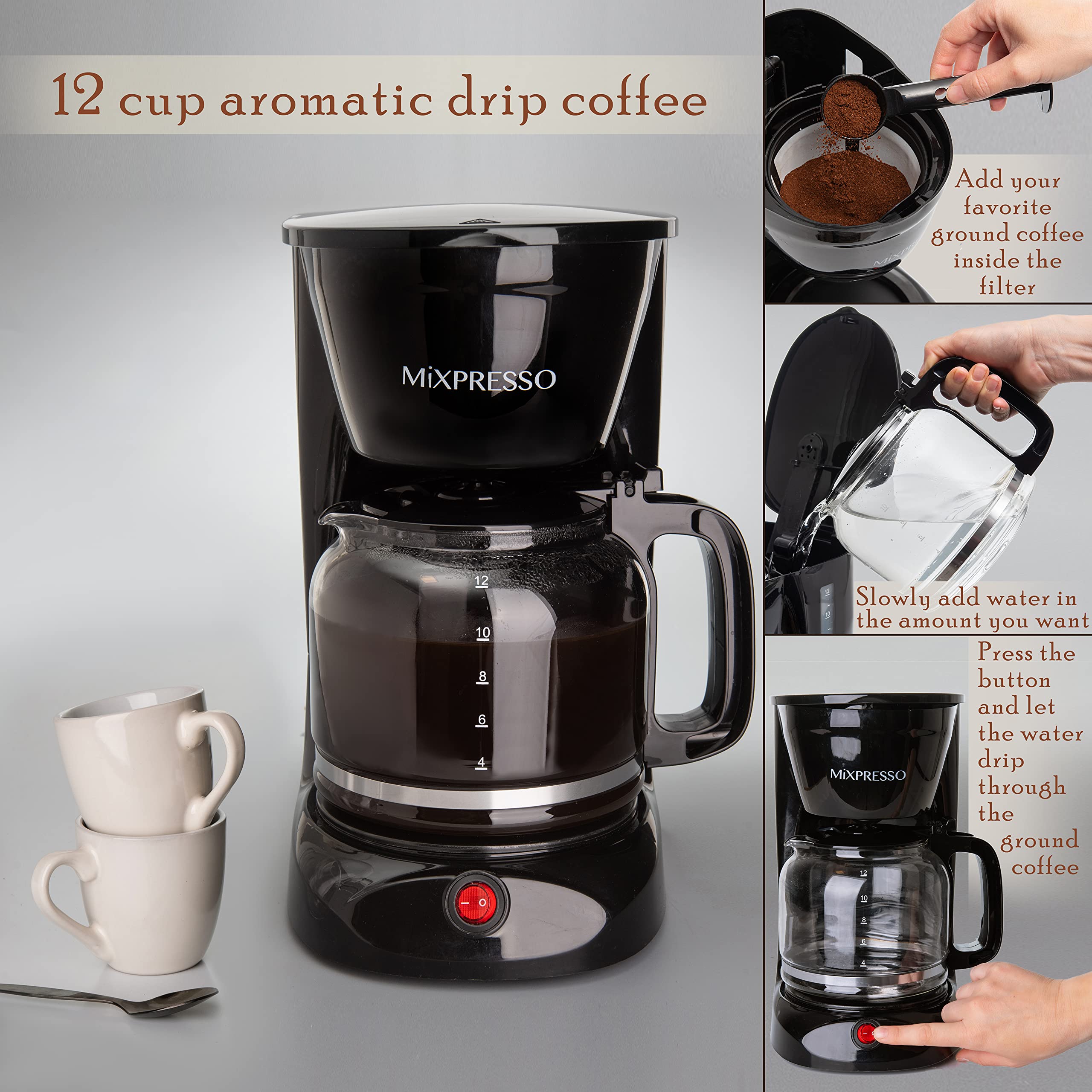 Mixpresso 12 Cup Coffee Pot, Auto-Off & Reusable Filter, Large Drip Coffee Maker 12 Cup Borosilicate Glass Carafe, Anti-Drip Cof