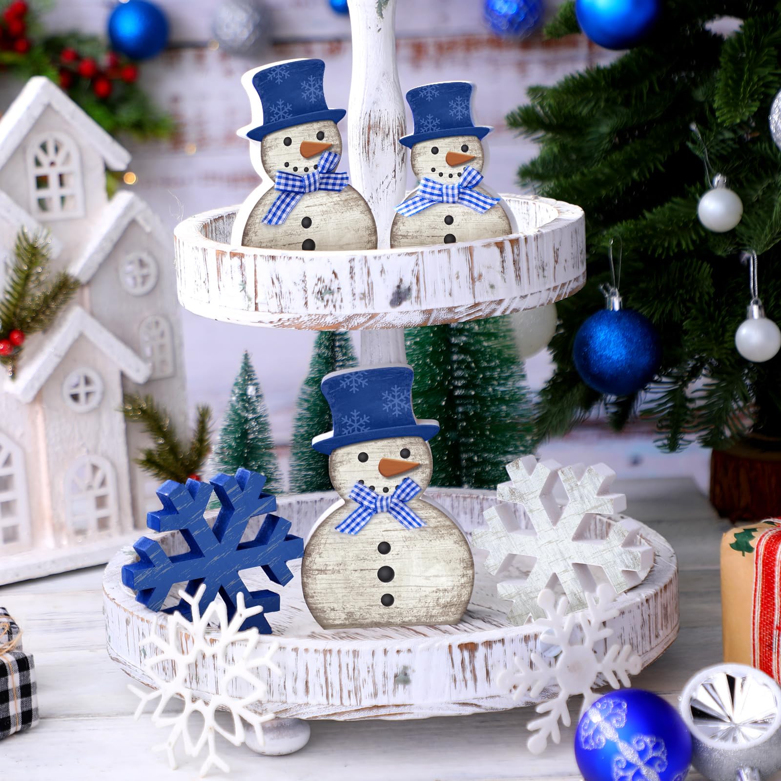 Yousoontic 5 Pcs Snowman Christmas Table Decor Winter Decorations for Home Blue White Snowman Snowflake Tiered Tray Decor Christ