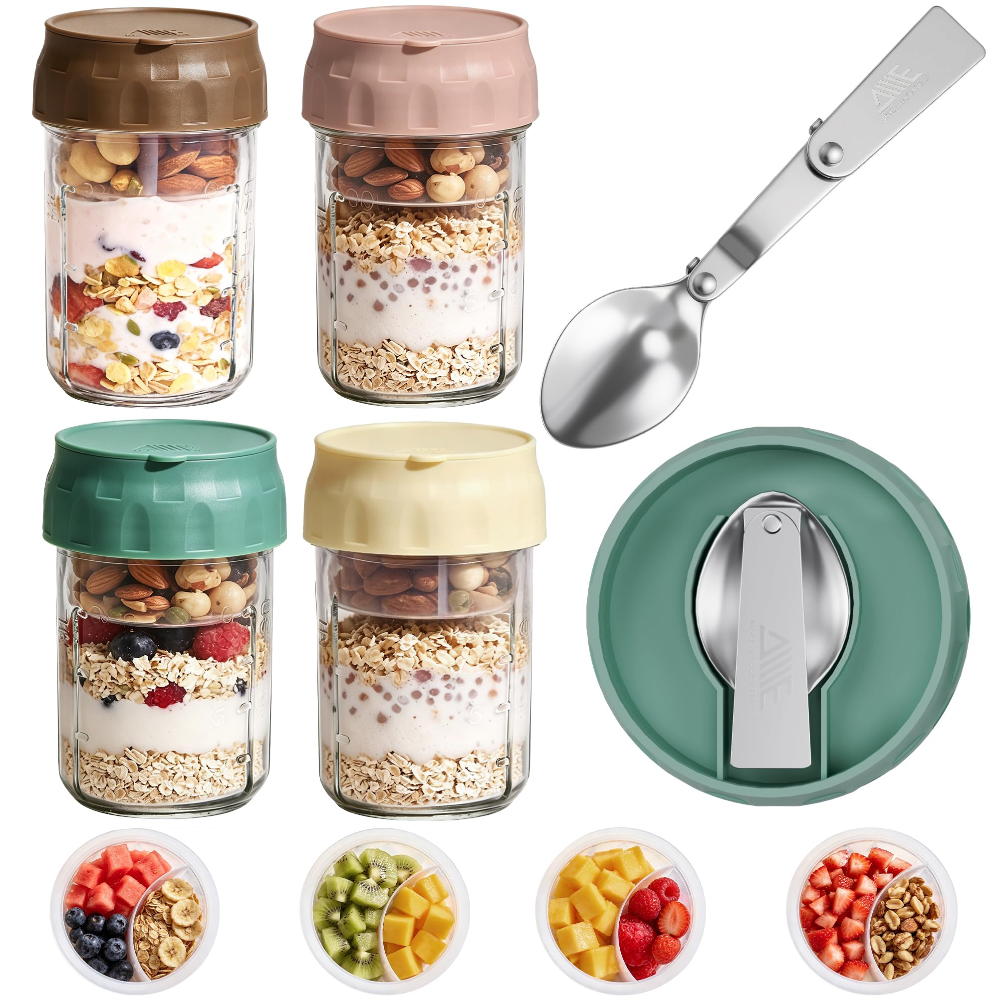 Overnight Oats Containers with Lids, Glass Mason Jars, 4PK, BuiltIn Spoon