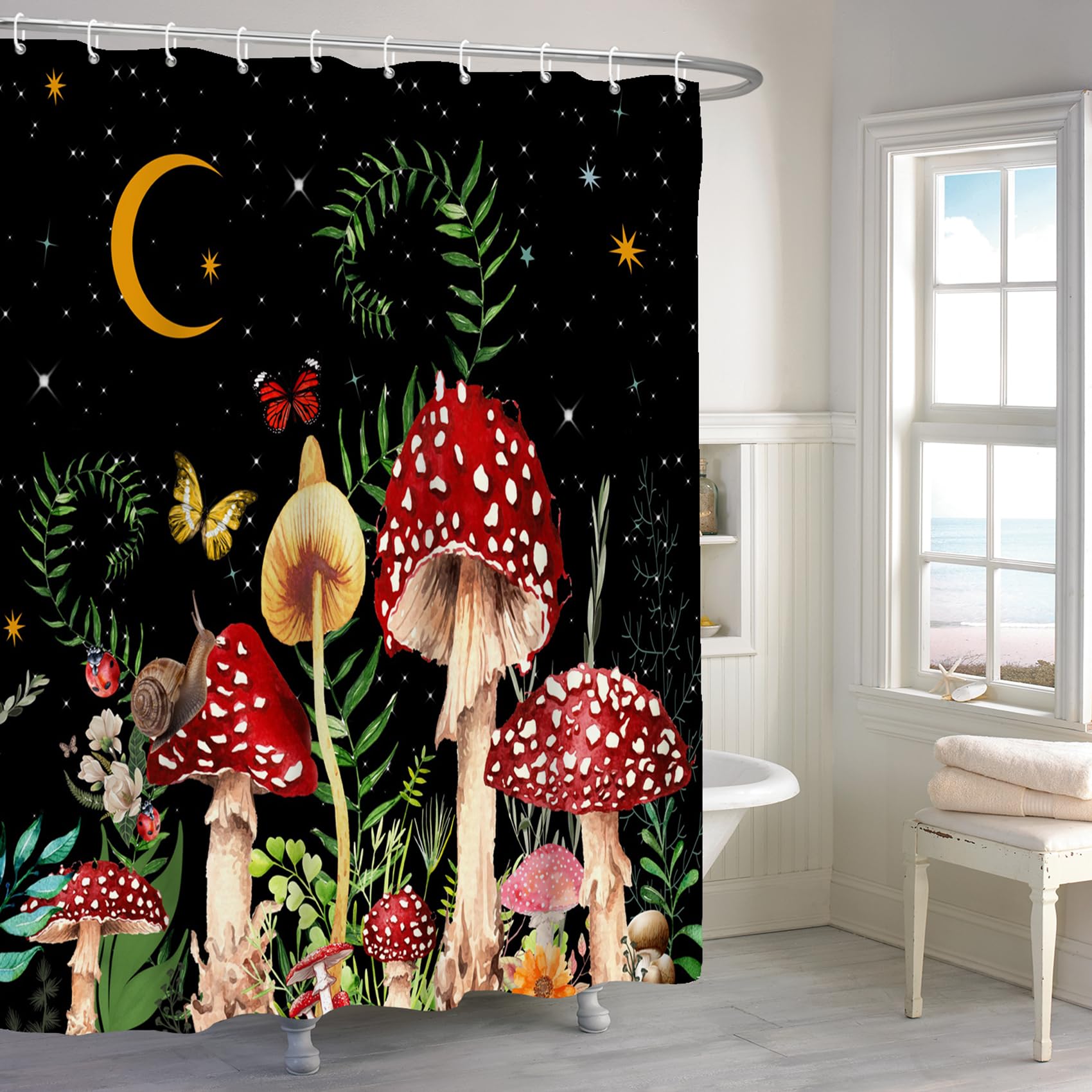 Renaiss 72X72 Inches Mushroom Boho Shower Curtain Retro Red Mushrooms Butterfly Botanical Wildflowers Green Plant Starry Night S