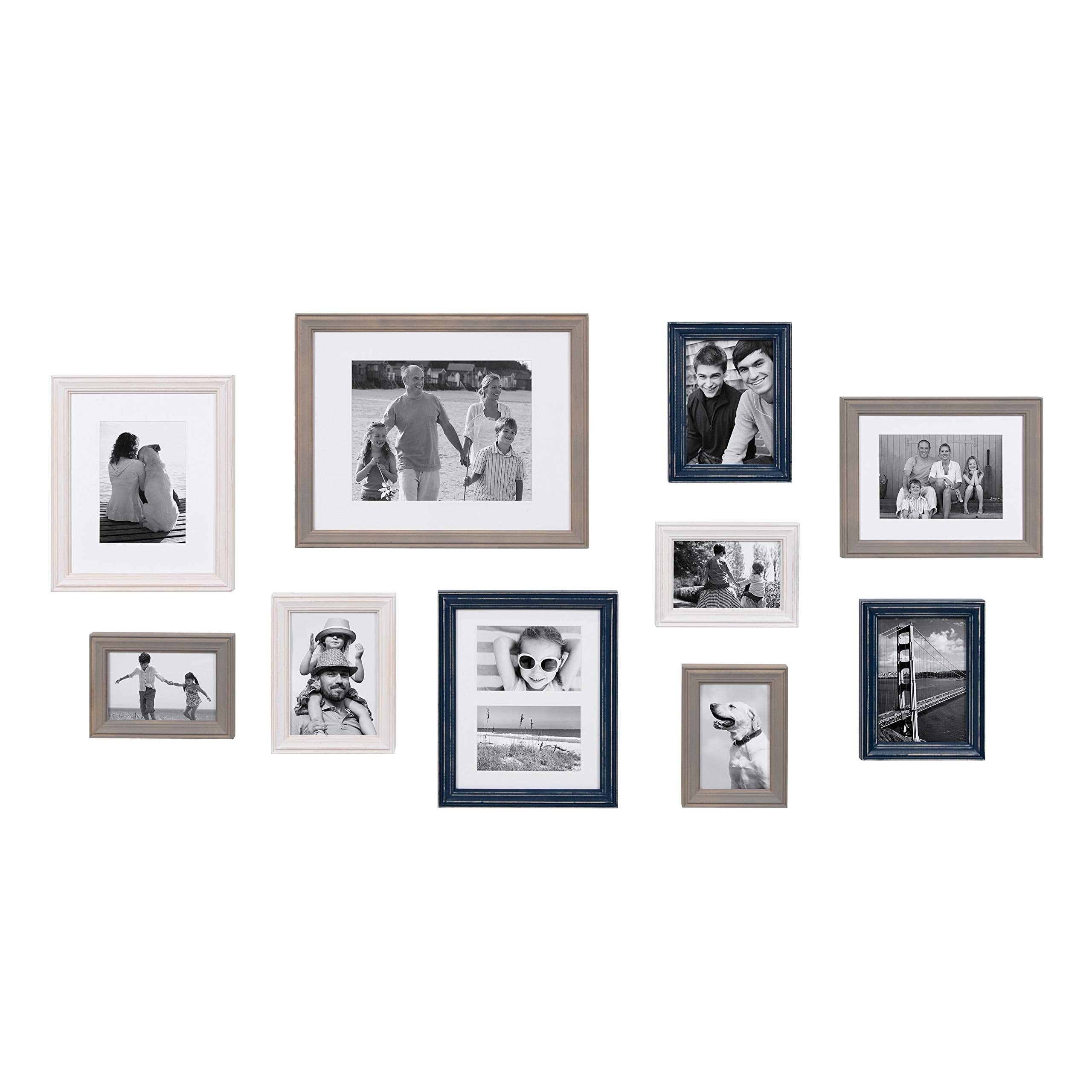 Kate and Laurel Bordeaux Coastal Gallery Wall Kit, Set of 10 with Assorted Size Frames in 3 Different Finishes, White, Blue and 