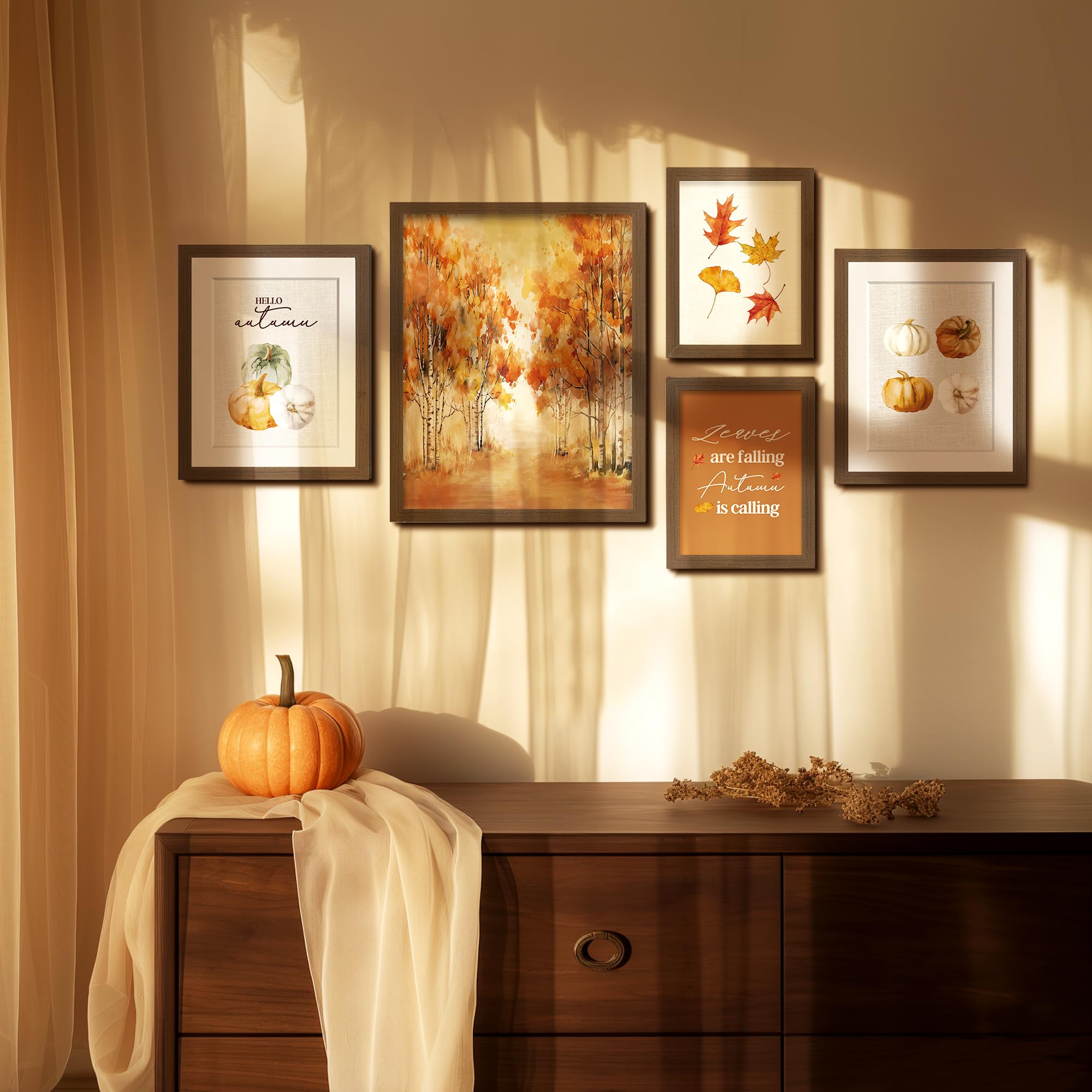 Artbyhannah Framed Fall Wall Art Fall Wall Decor, 5 Pack Thanksgiving Decor For Autumn Decor With Pumpkins Prints, Fall Decorati