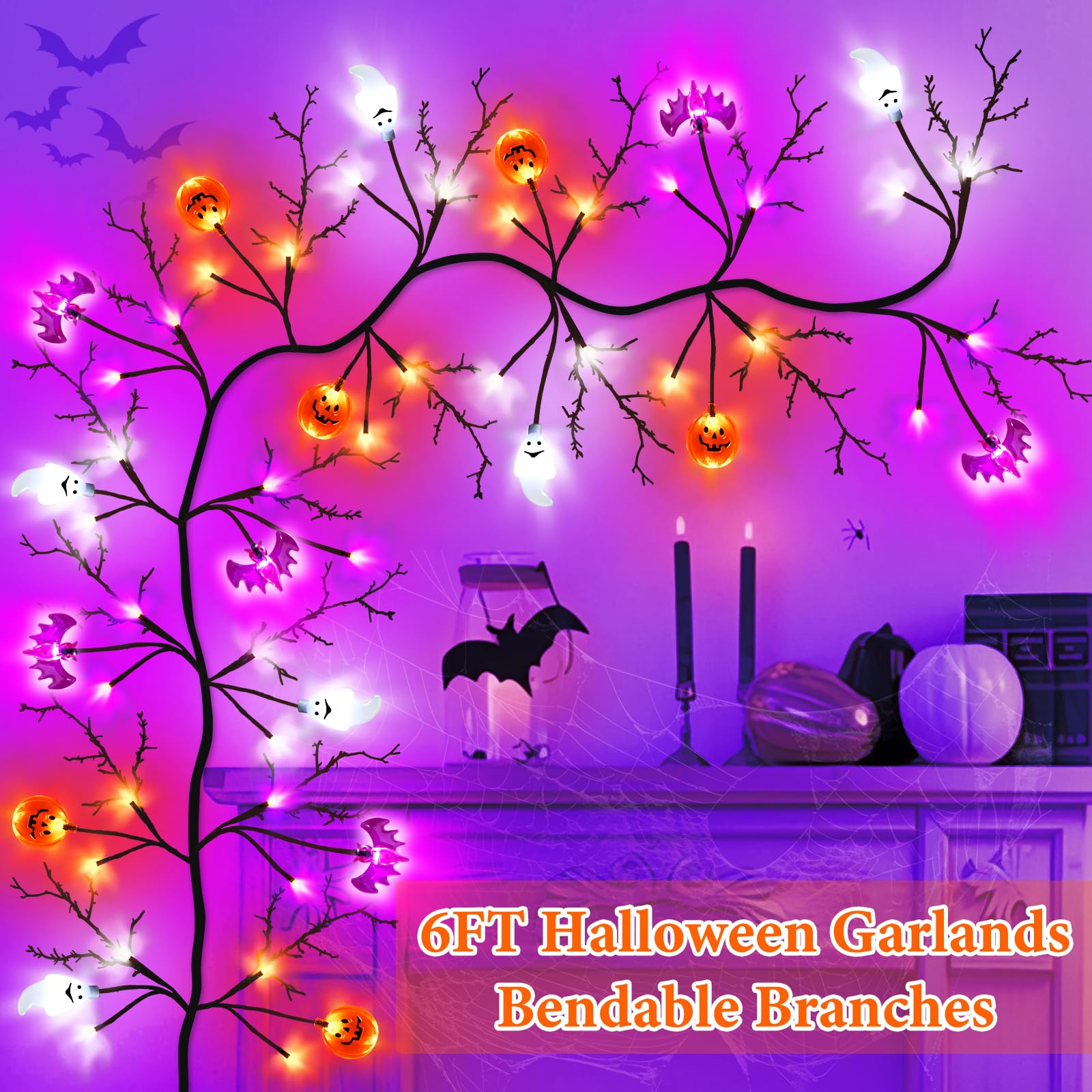 6Ft 54 Led Halloween Willow Vine Twig Garland With Orange Purple White Lights & 8 Model Timer &7 Pumpkin Bat Ghost,Battery Opera