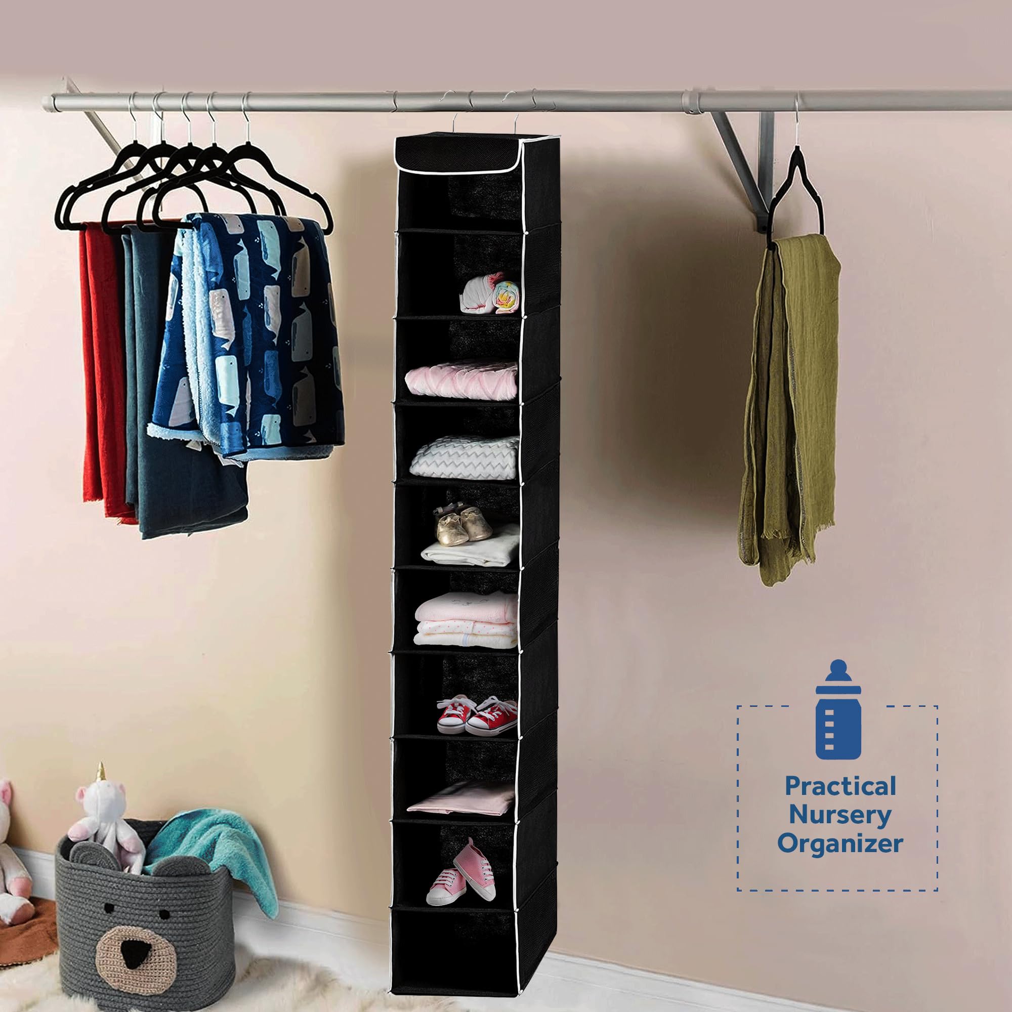 ZOBER Hanging Closet Organizer  10-Shelf - Hanging Storage Organizer Shelves for Clothes  Towels  Toys - College Dorm Room  Nursery  & Home Closet