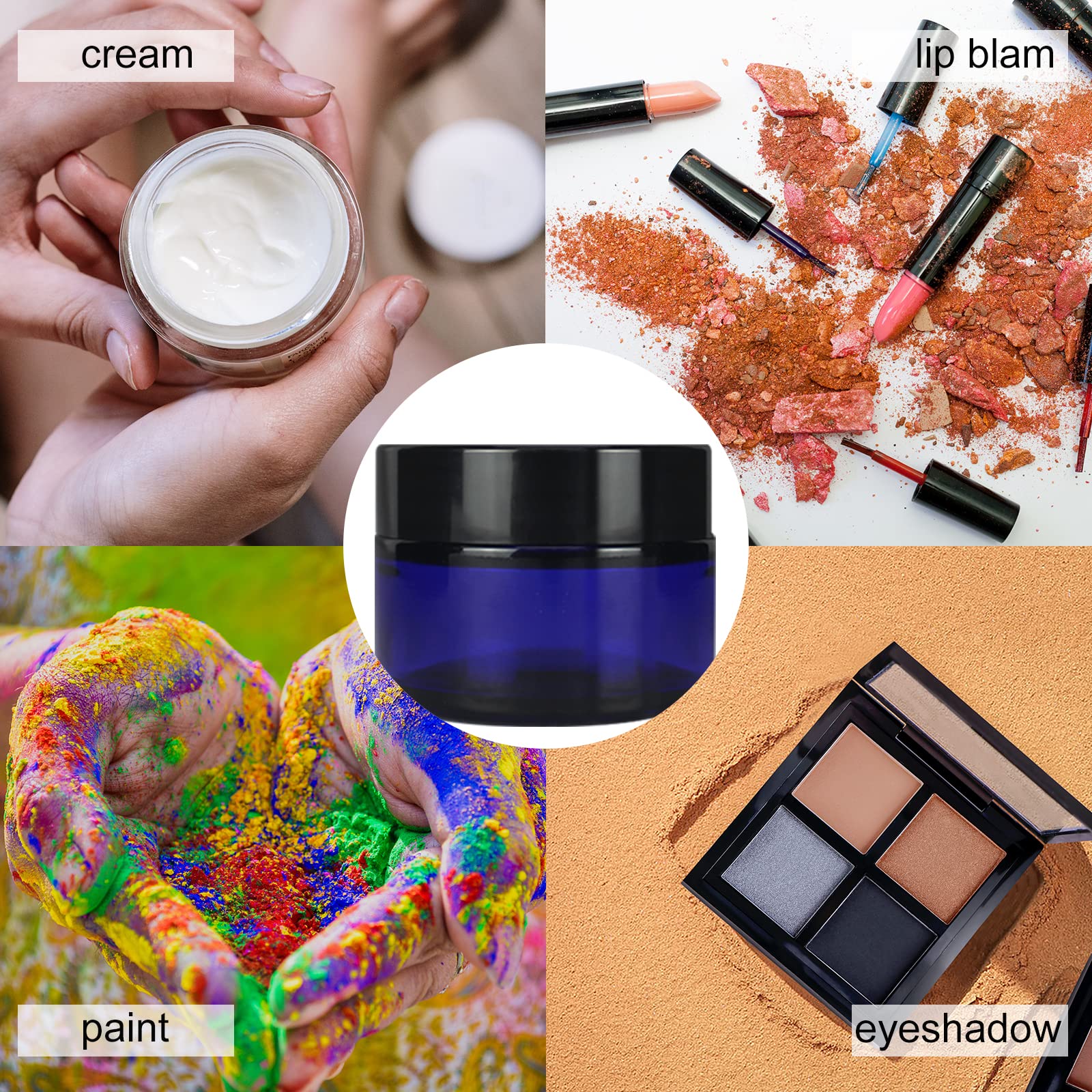 Bpfy 24 Pack 1 Oz Round Blue Glass Cosmetic Jars With Inner Liners And Black Lids, Travel Glass Jars, Cosmetic Containers For Li