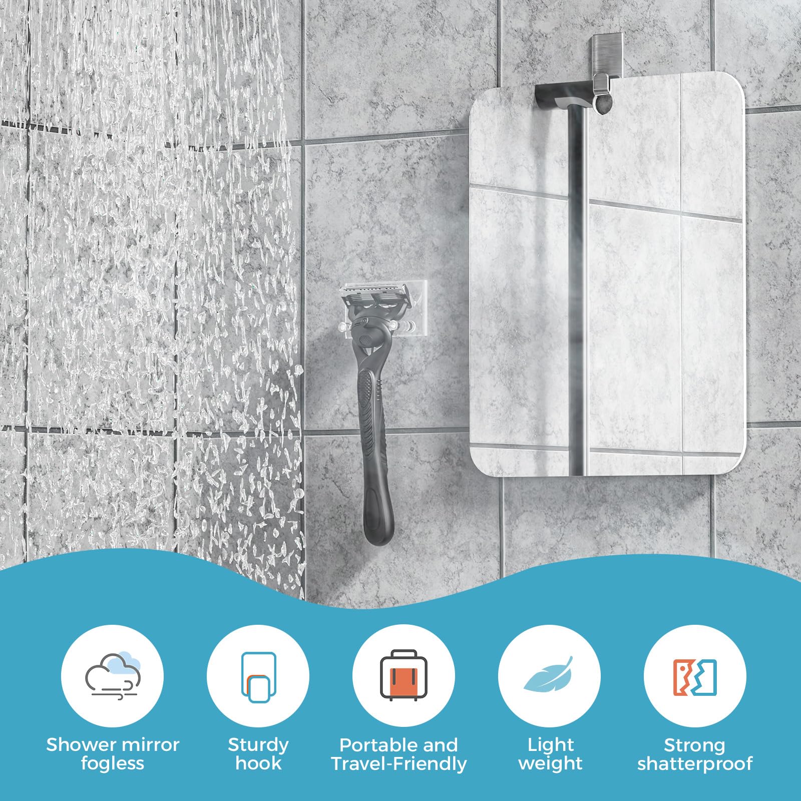 Leaocaao Shower Mirror Fogless, 7.8In X 9.8In Fogless Mirror For Shower, Shower Mirror Fogless For Shaving With 1 Adhesive Hooks