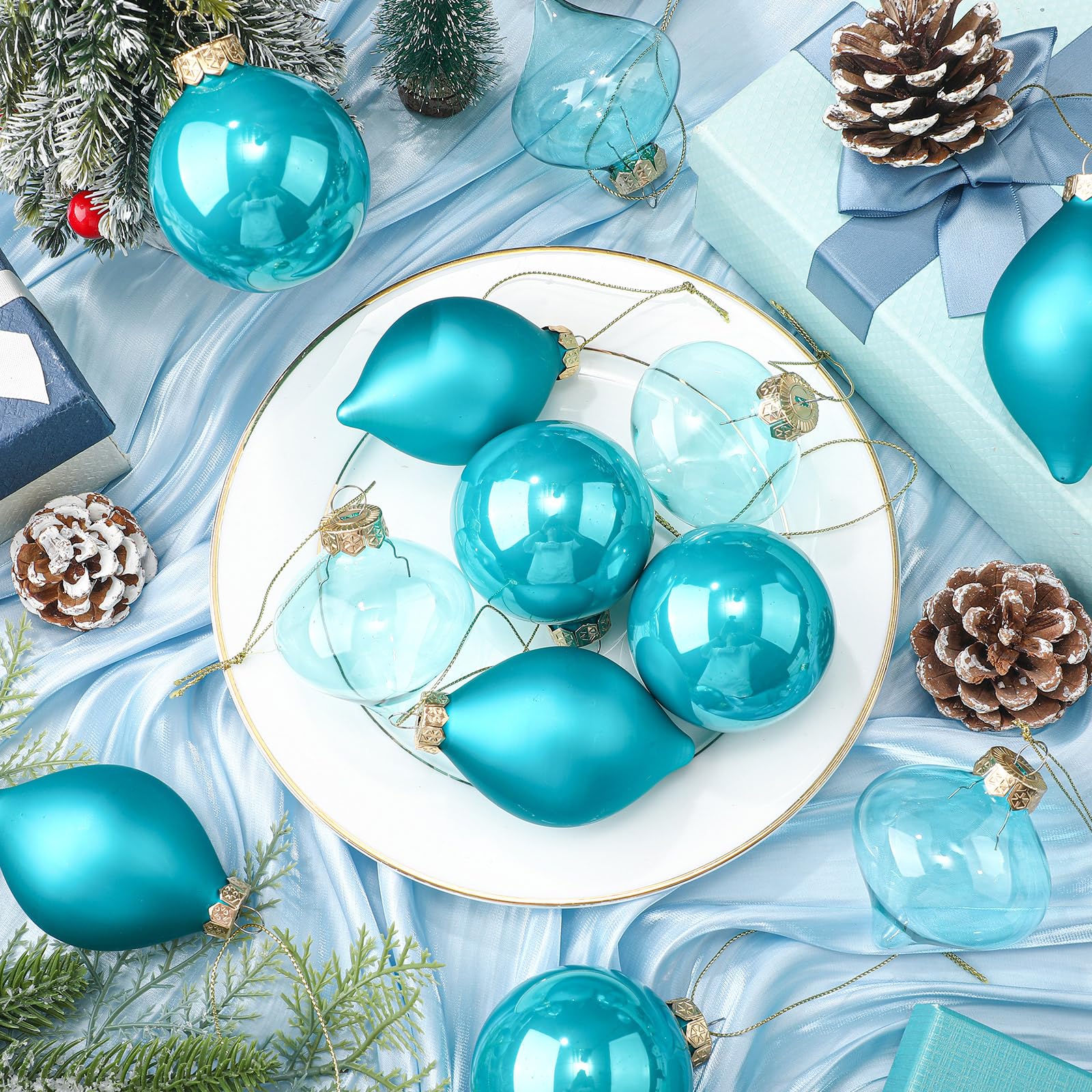 Zomiboo 12 Pcs Turquoise Green Glass Christmas Ball Ornaments Set 3.15 Hanging Shatterproof Glass Bulbs for Christmas Tree Baubl