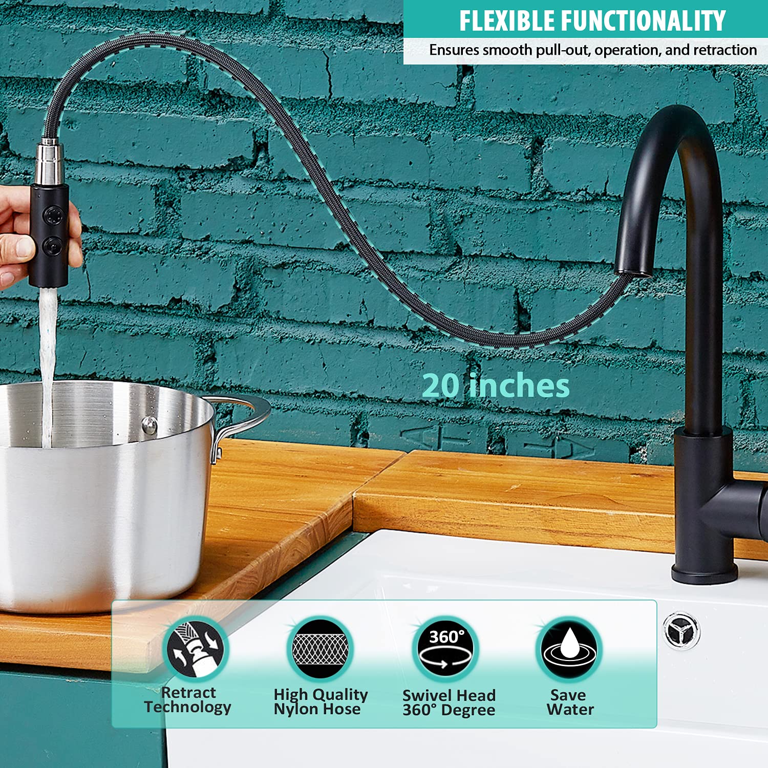 Kinfaucets Black Kitchen Faucet With Pull Down Sprayer,Single Handle Pull Out Kitchen Sink Faucet,Commercial Farmhouse Rv Bar Ut