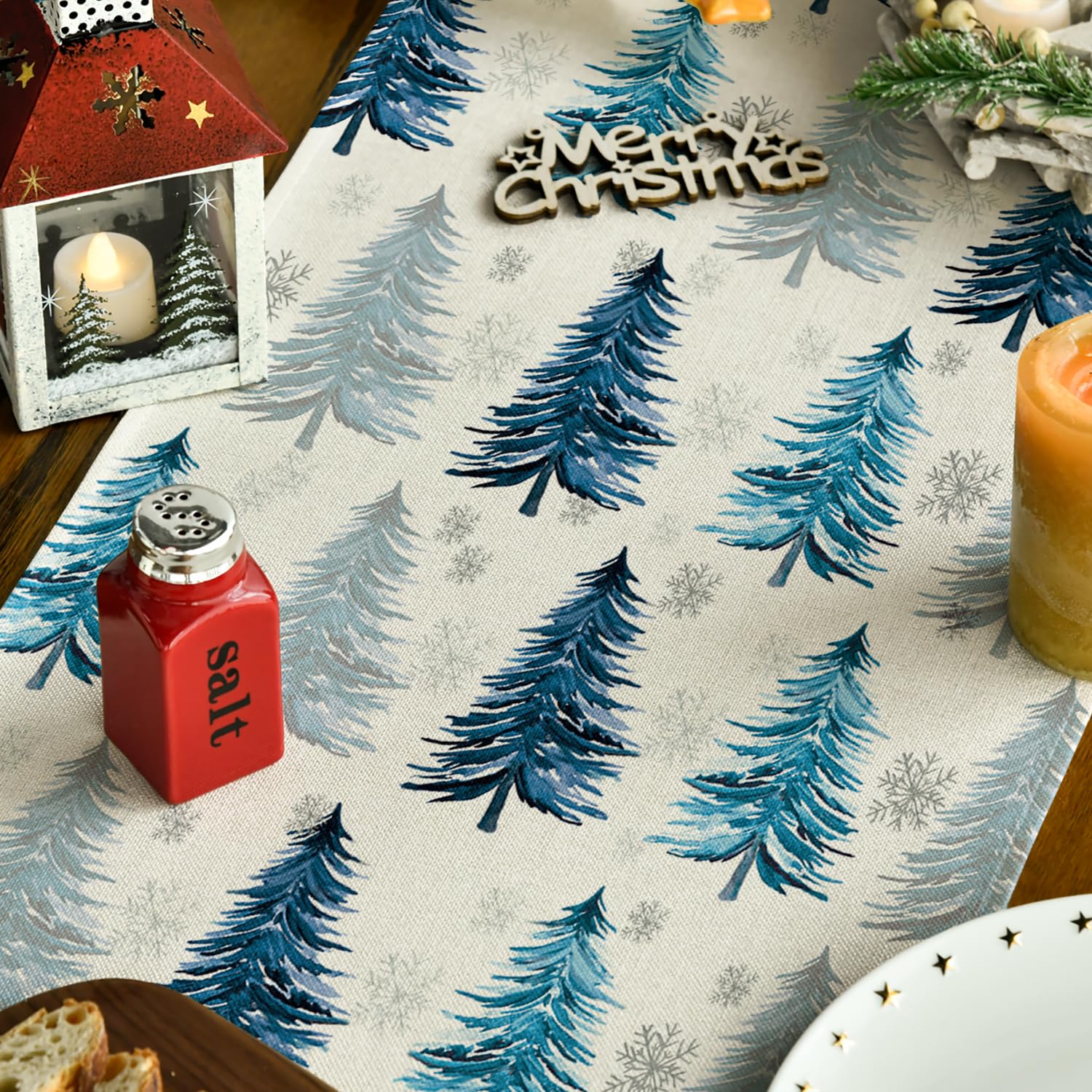 Artoid Mode Xmas Trees Snowflake Christmas Table Runner, Seasonal Winter Blue Kitchen Dining Table Decoration For Home Party Dec