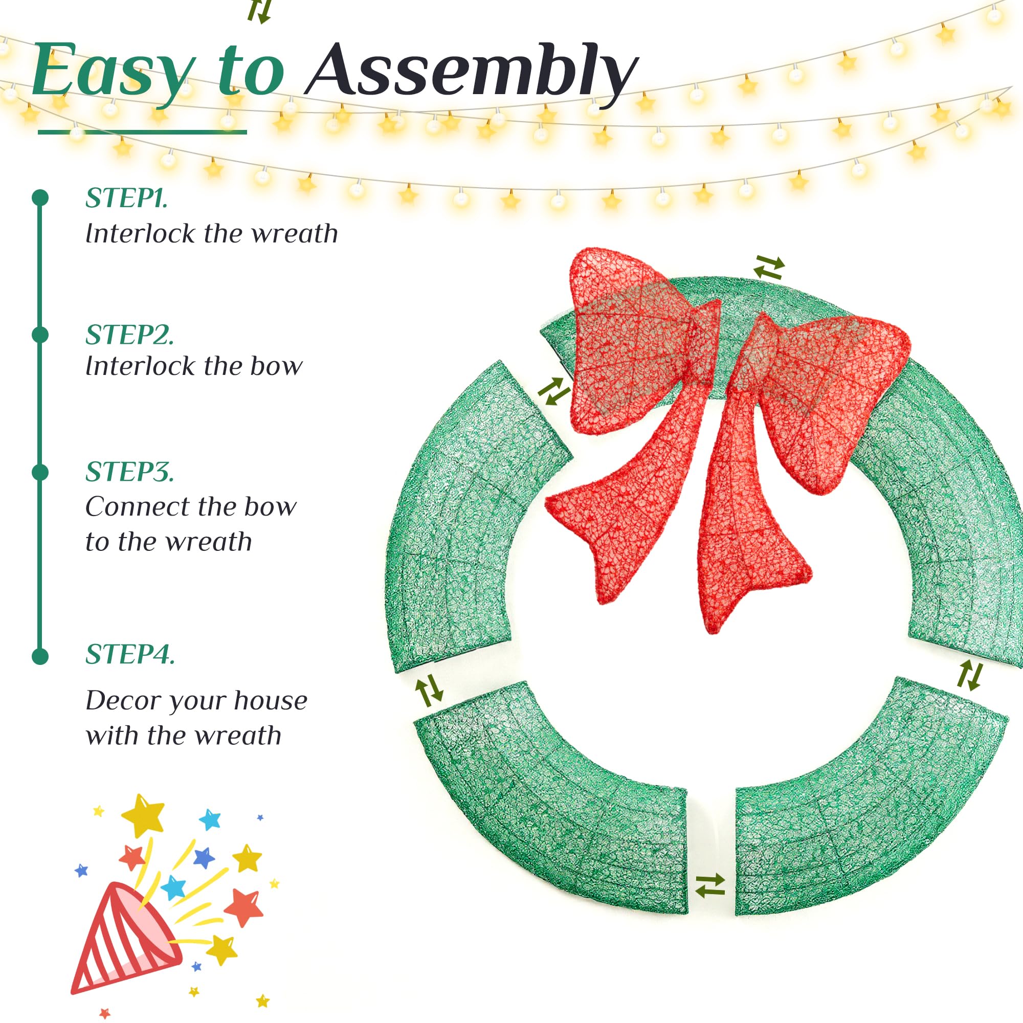 Sweetcrispy 48in Pre-Lit Christmas Wreath, LED Lighted Holiday Outdoor Decoration with Bow for Door, Mantel, Wall, Windows, Fron