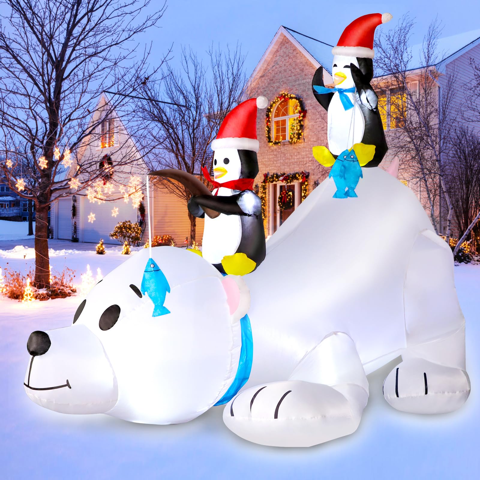 6FT Christmas Inflatable Polar Bear with Penguins Outdoor Decorations, Blow up 2 Penguins Fishing on Big Polar Bear with Bright 