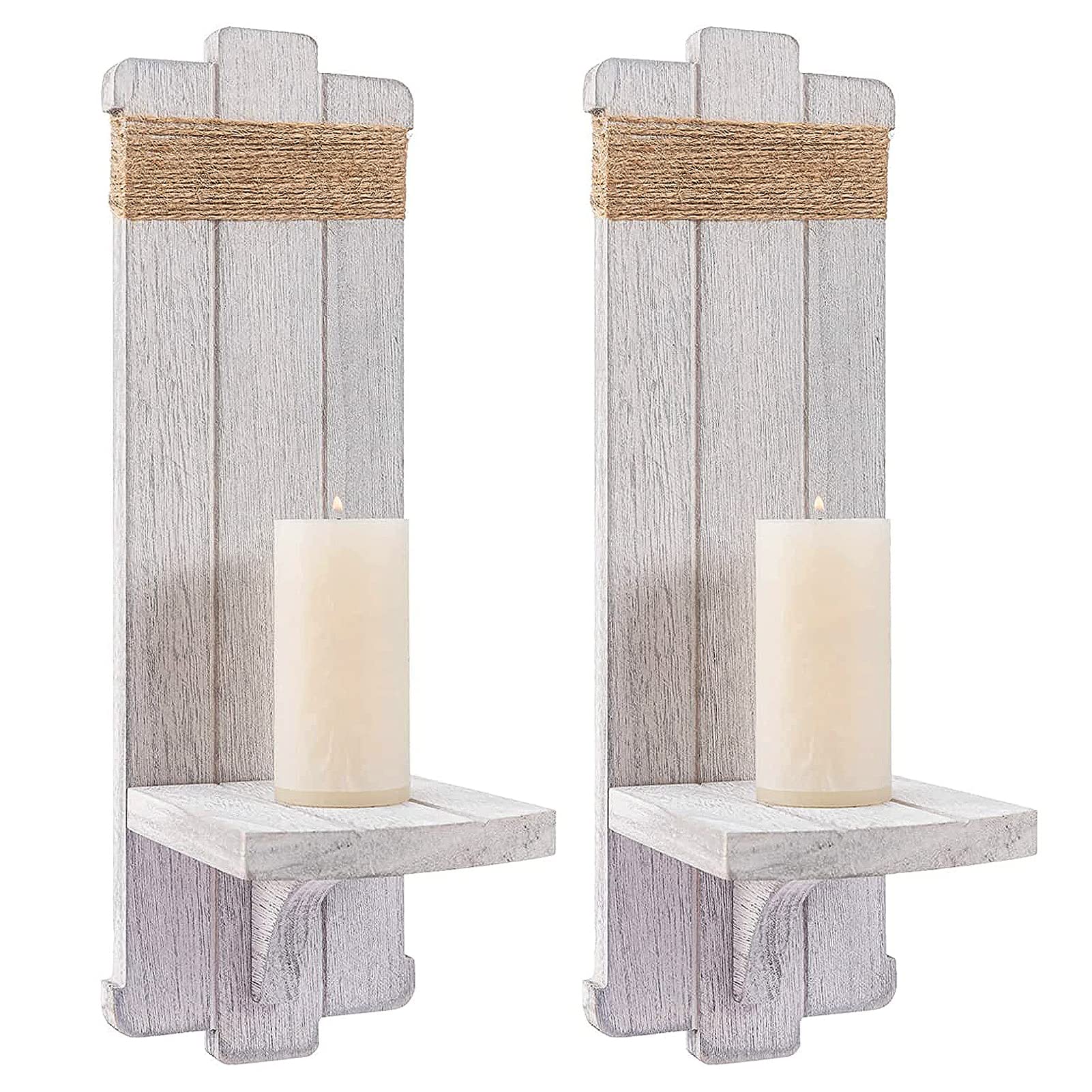 2 PCS Farmhouse Wall Hanging Candle Sconces - Nordic Style Handmade Wooden Wall-Mount Candle Holders Rustic Hanging Wall Sconces