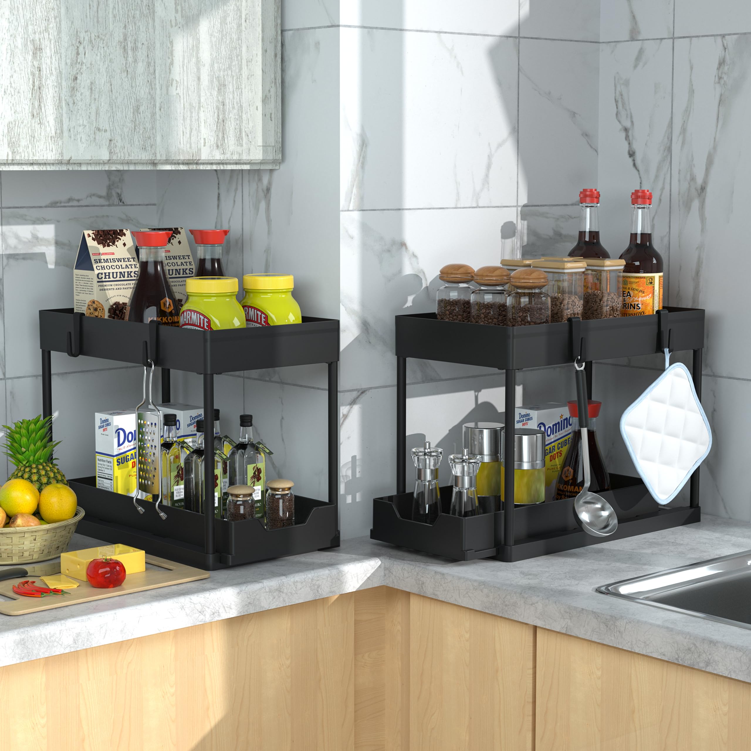 Petisal Under Sink Organizer -2 Pack|Pull Out Bathroom Organizer|2 Tier Slide Out Bathroom/Kitchen Organiers And Storage. (2 Pac